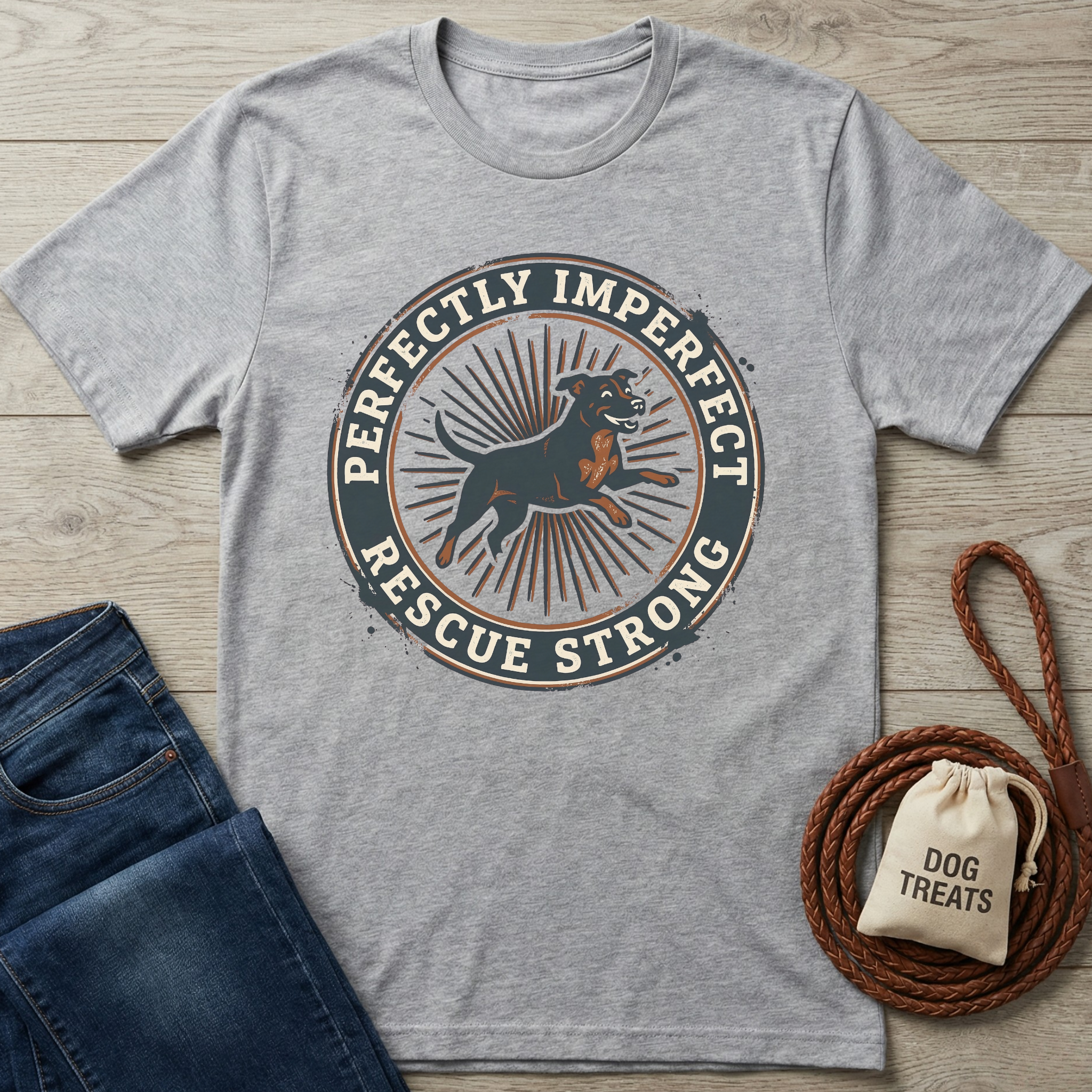 Heather gray cotton t-shirt with "Perfectly Imperfect Rescue Strong" graphic featuring a running black dog.