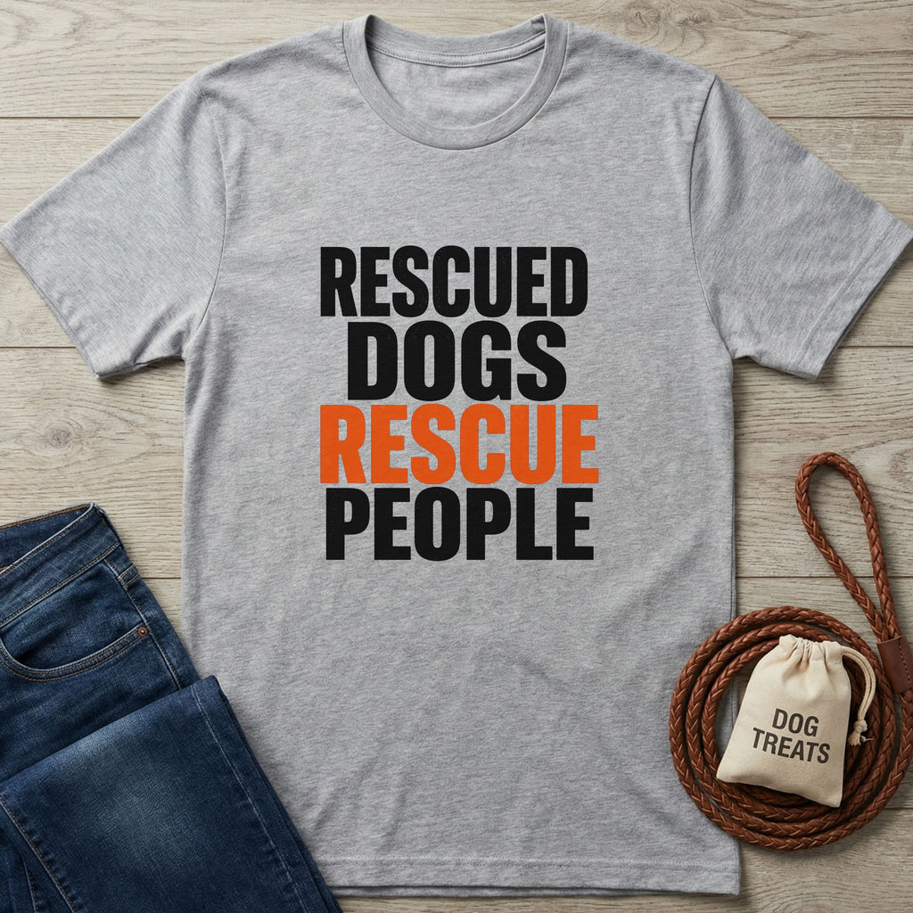 Light grey Gildan Softstyle® t-shirt with "RESCUED DOGS RESCUE PEOPLE" text, alongside jeans and dog accessories.