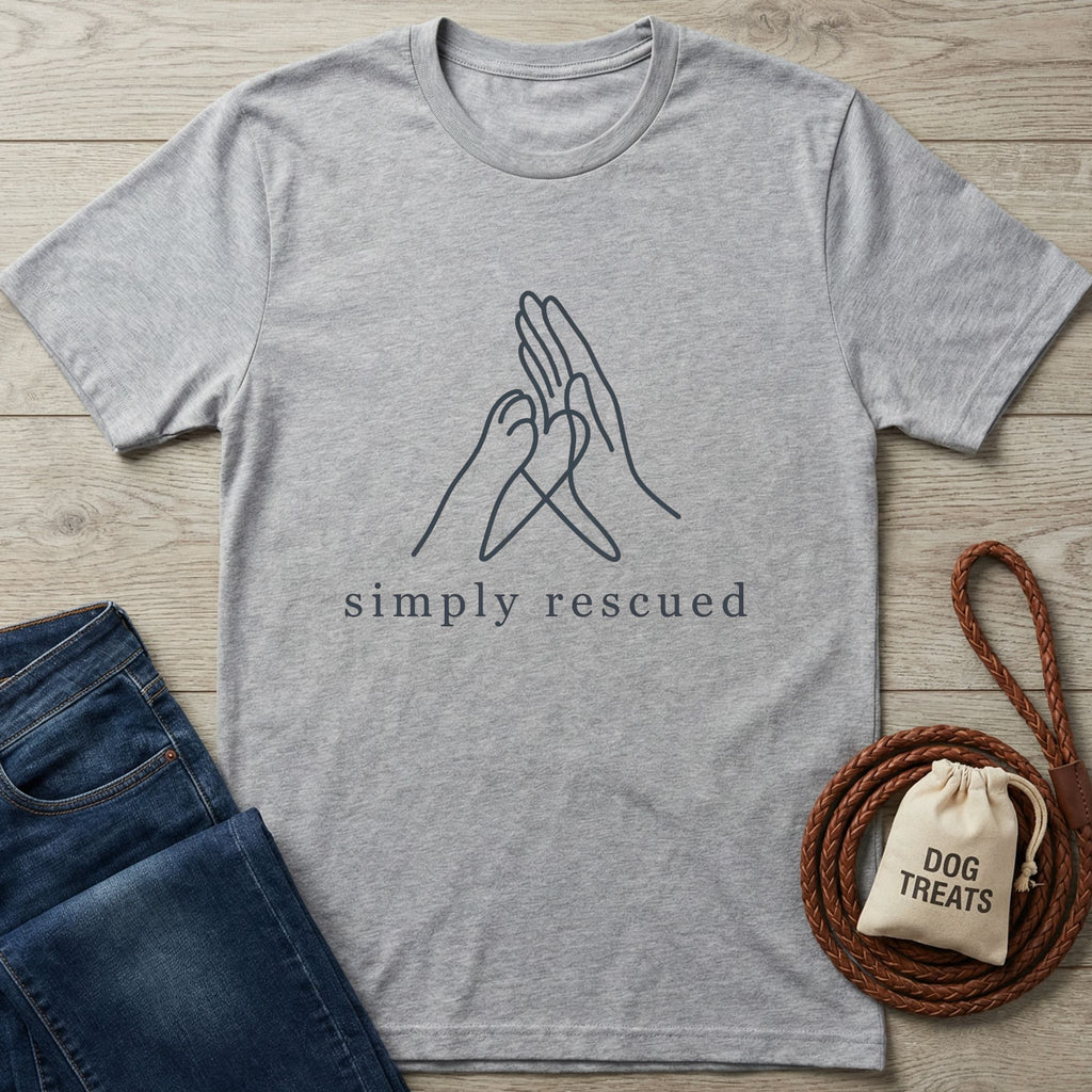 Heather grey Gildan Softstyle® t-shirt with "simply rescued" text and a paw-in-hand graphic.