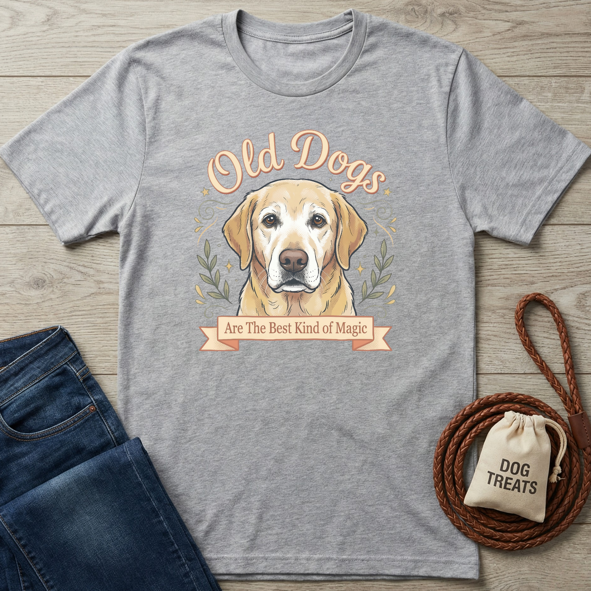 Gray cotton t-shirt with a golden retriever graphic and "Old Dogs Are The Best Kind of Magic" text.