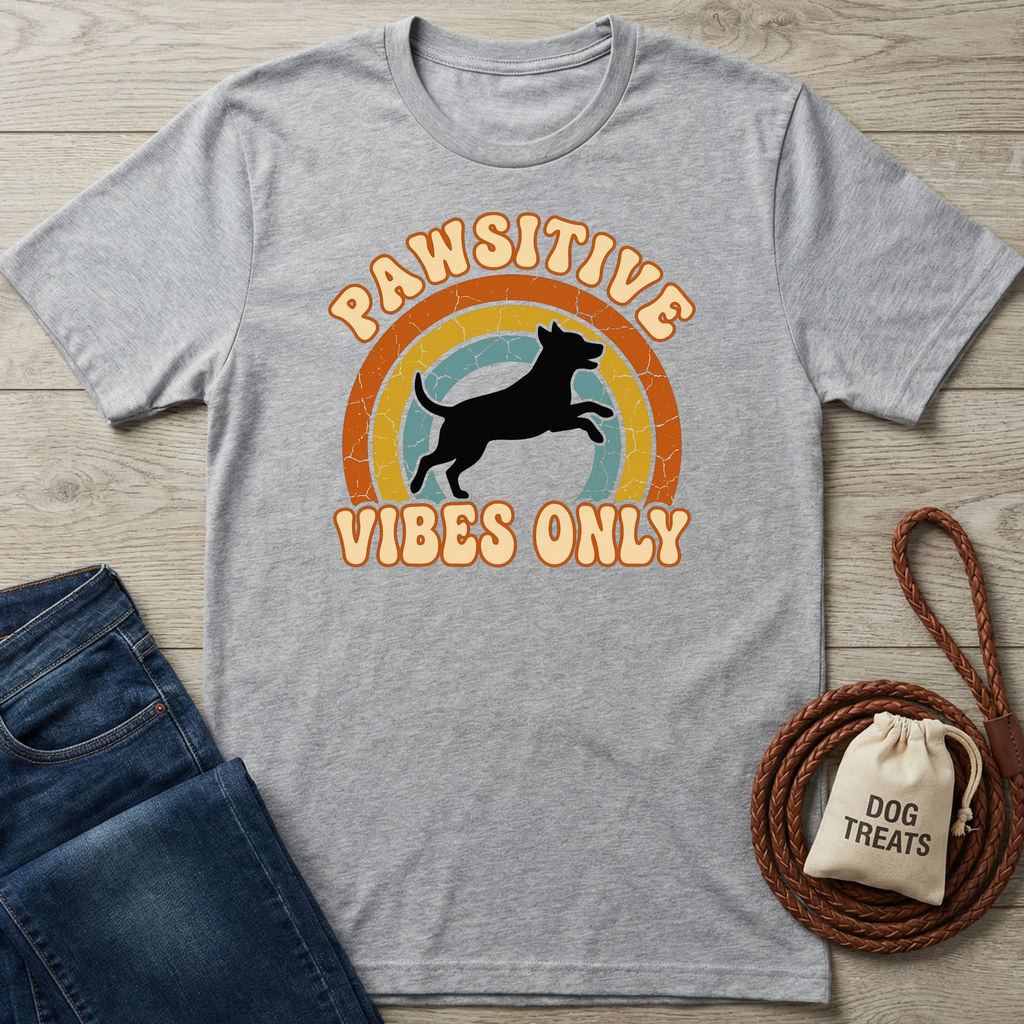 Heather gray Pawsitive Vibes Only T-shirt with a retro rainbow and jumping dog design.