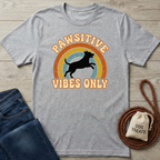 Heather gray Pawsitive Vibes Only T-shirt with a retro rainbow and jumping dog design.