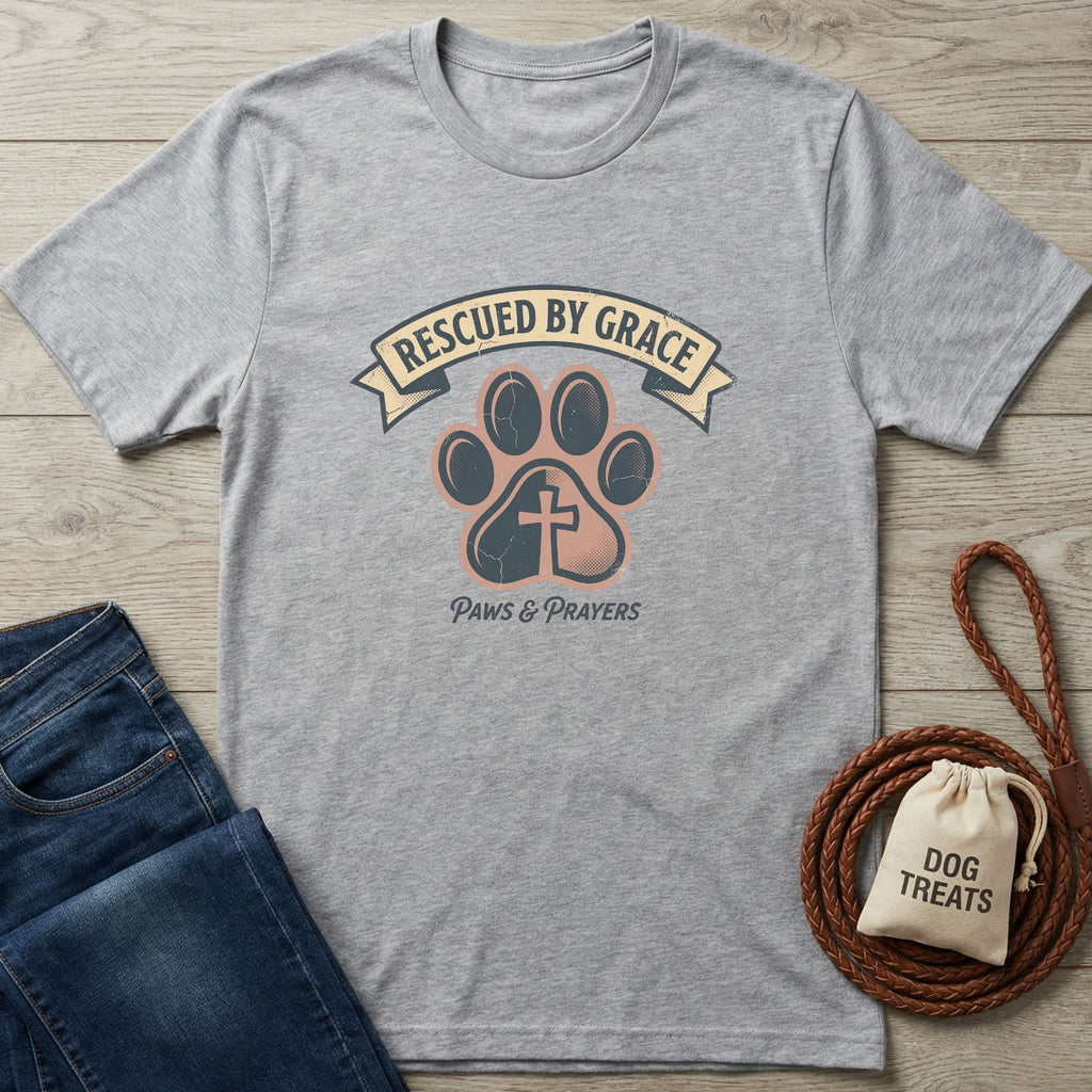 Heather grey Paws & Prayers t-shirt with a paw print and cross design, next to jeans and dog treats.