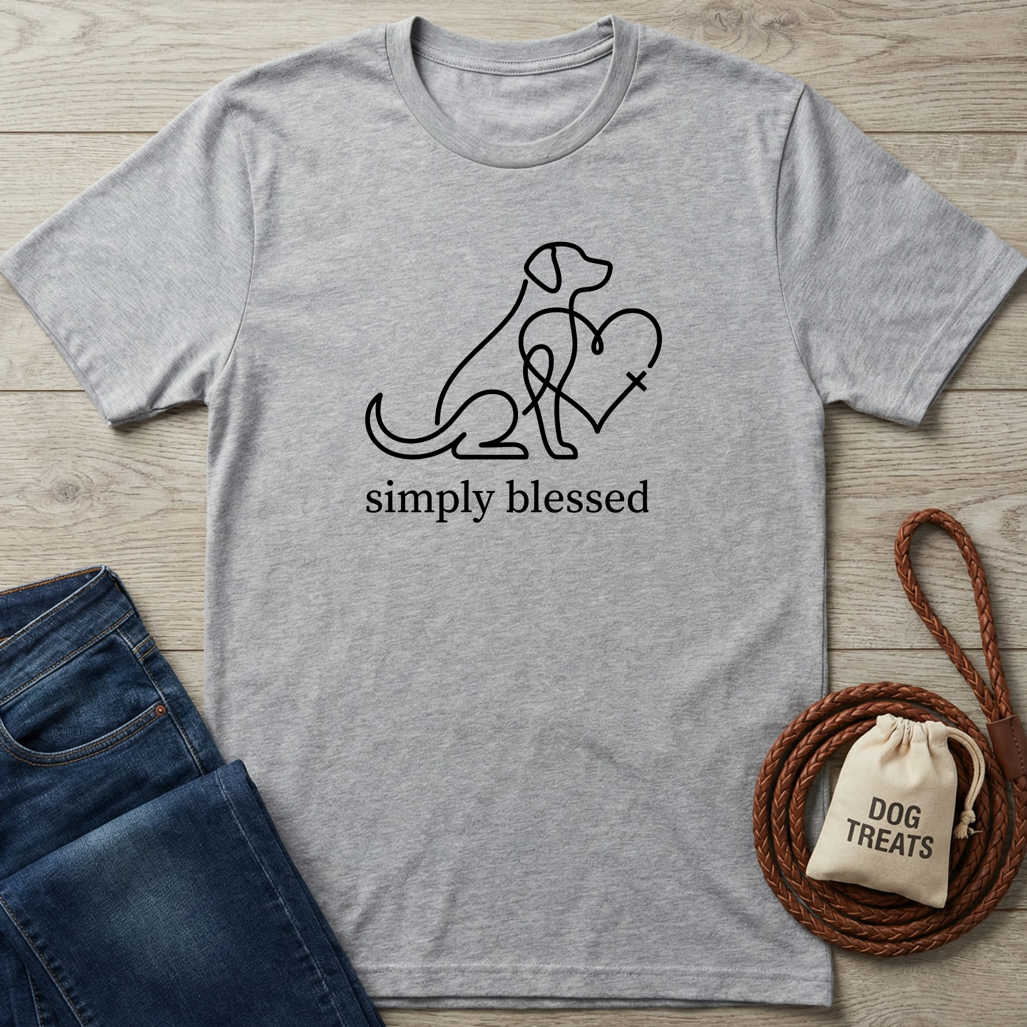 Heather gray cotton t-shirt with a black line art dog and heart design, "simply blessed" text.