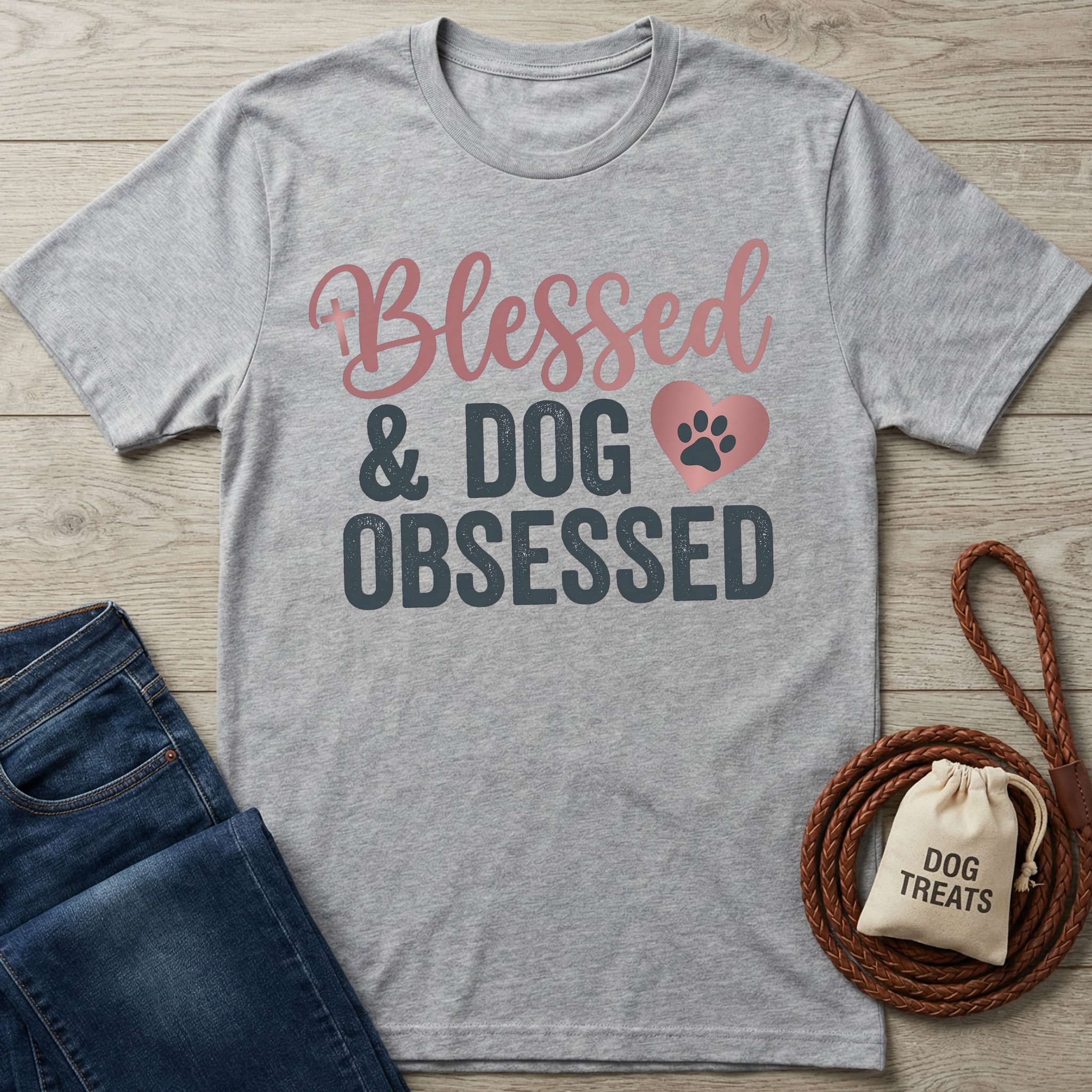 Heather grey "Blessed & Dog Obsessed" t-shirt with pink and charcoal text, next to jeans and dog treats.