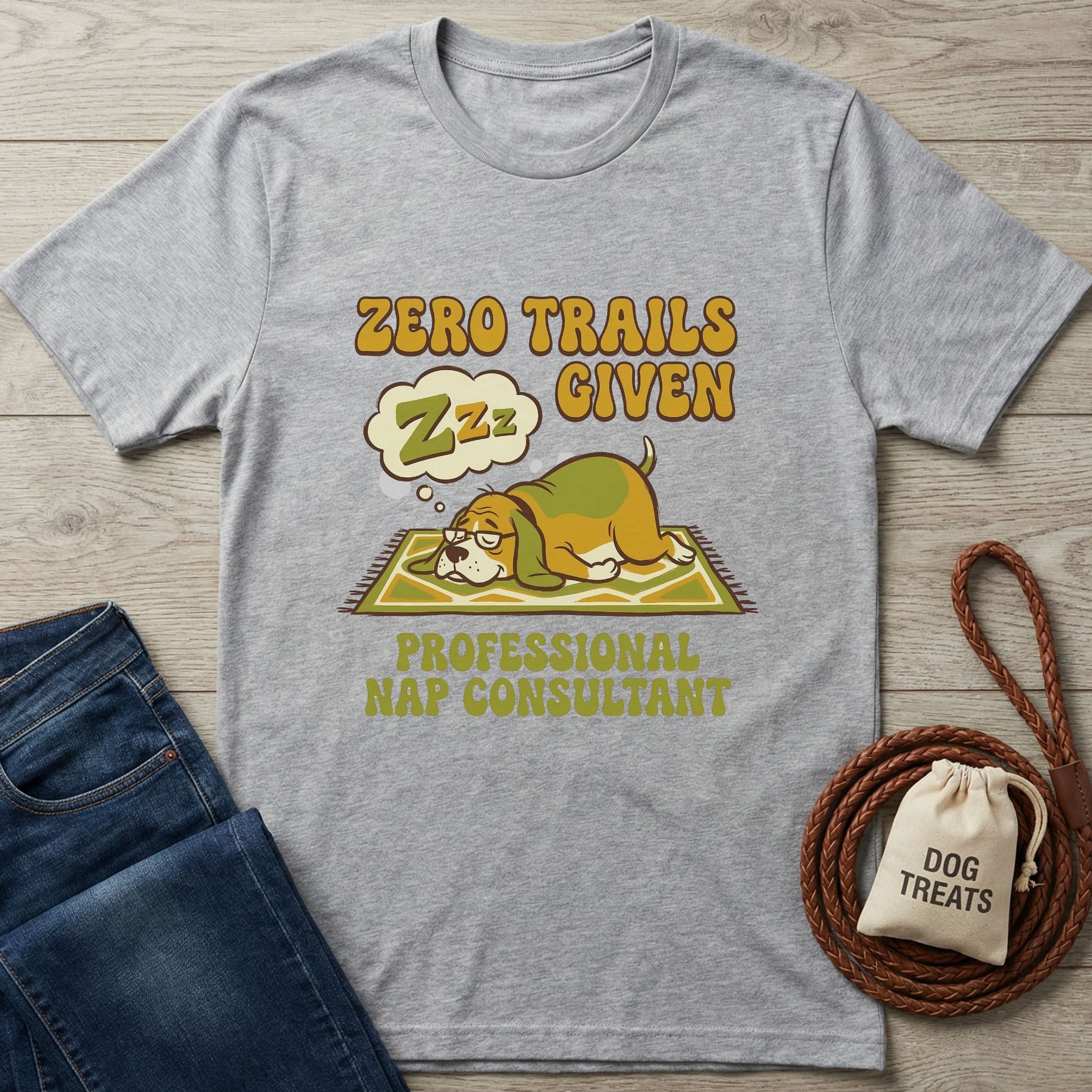 Light grey Gildan Softstyle® t-shirt with "Zero Trails Given" and a sleeping beagle design.
