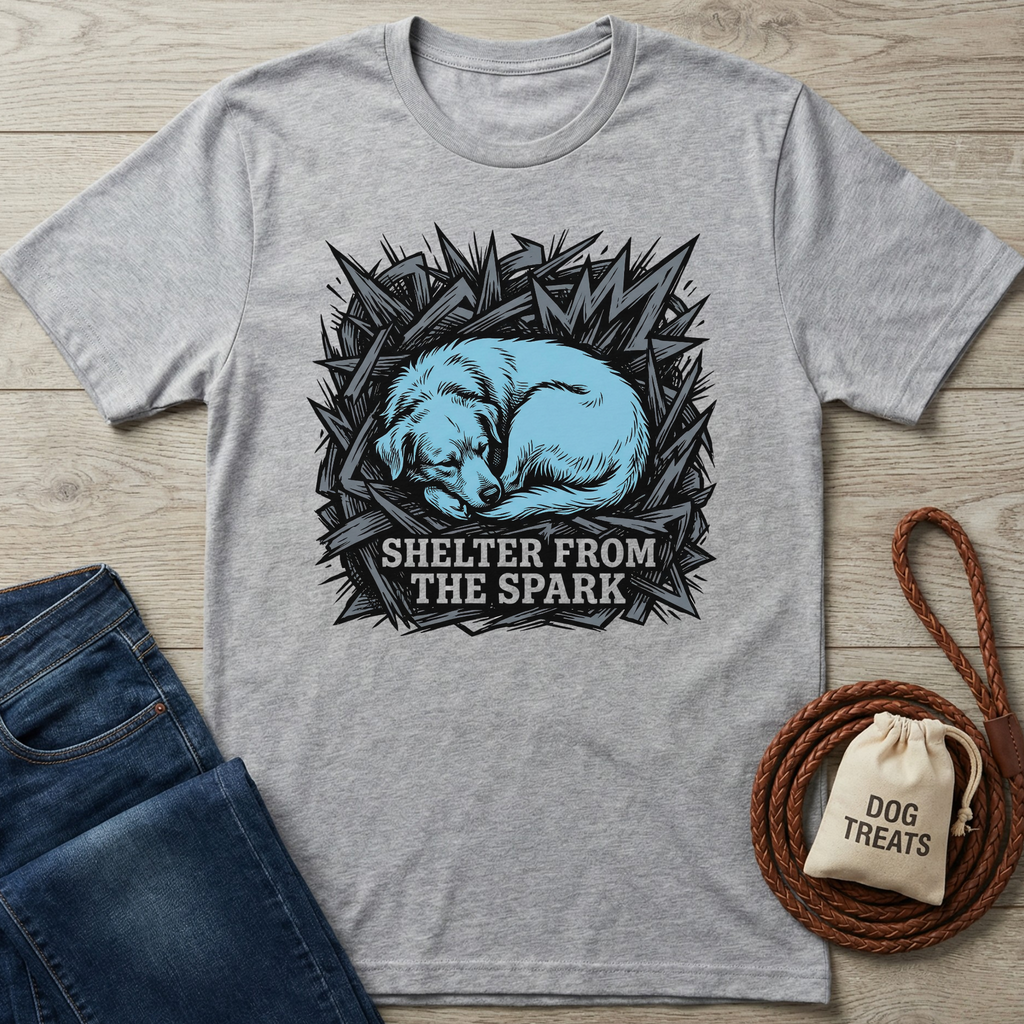 Gray cotton t-shirt with a blue sleeping dog graphic and "Shelter From The Spark" text.