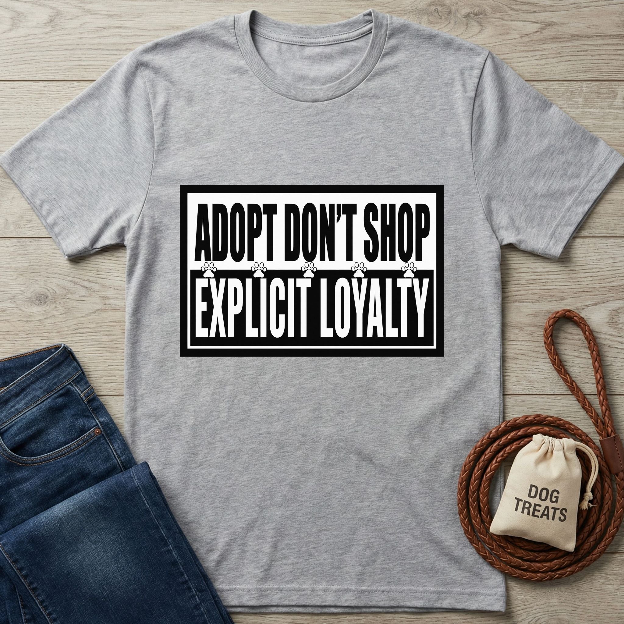 Light grey Gildan Softstyle® t-shirt with "ADOPT DON'T SHOP EXPLICIT LOYALTY" in black text, featuring paw prints.