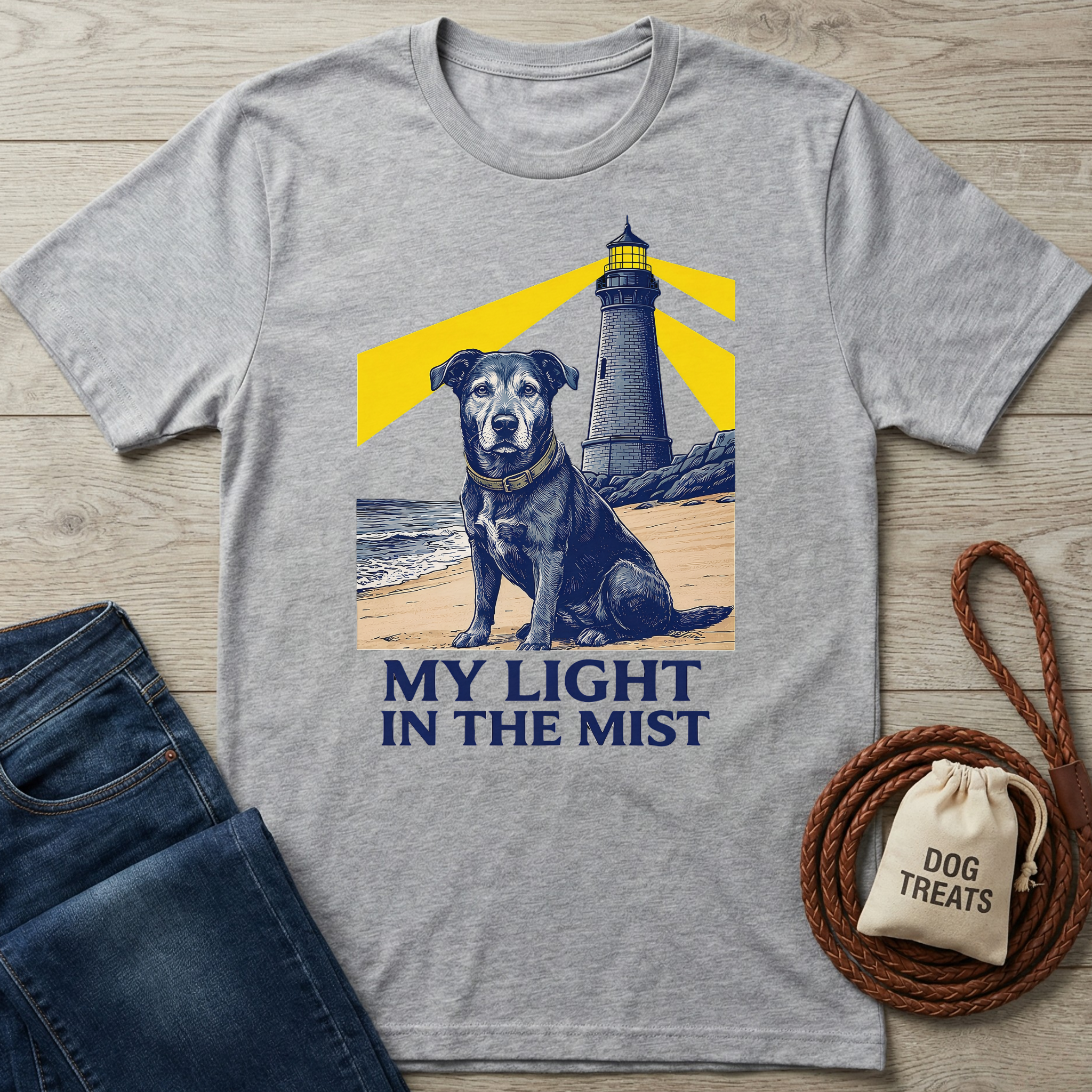 Gray cotton t-shirt with a graphic of a black dog on a beach with a lighthouse and "My Light In The Mist" text.