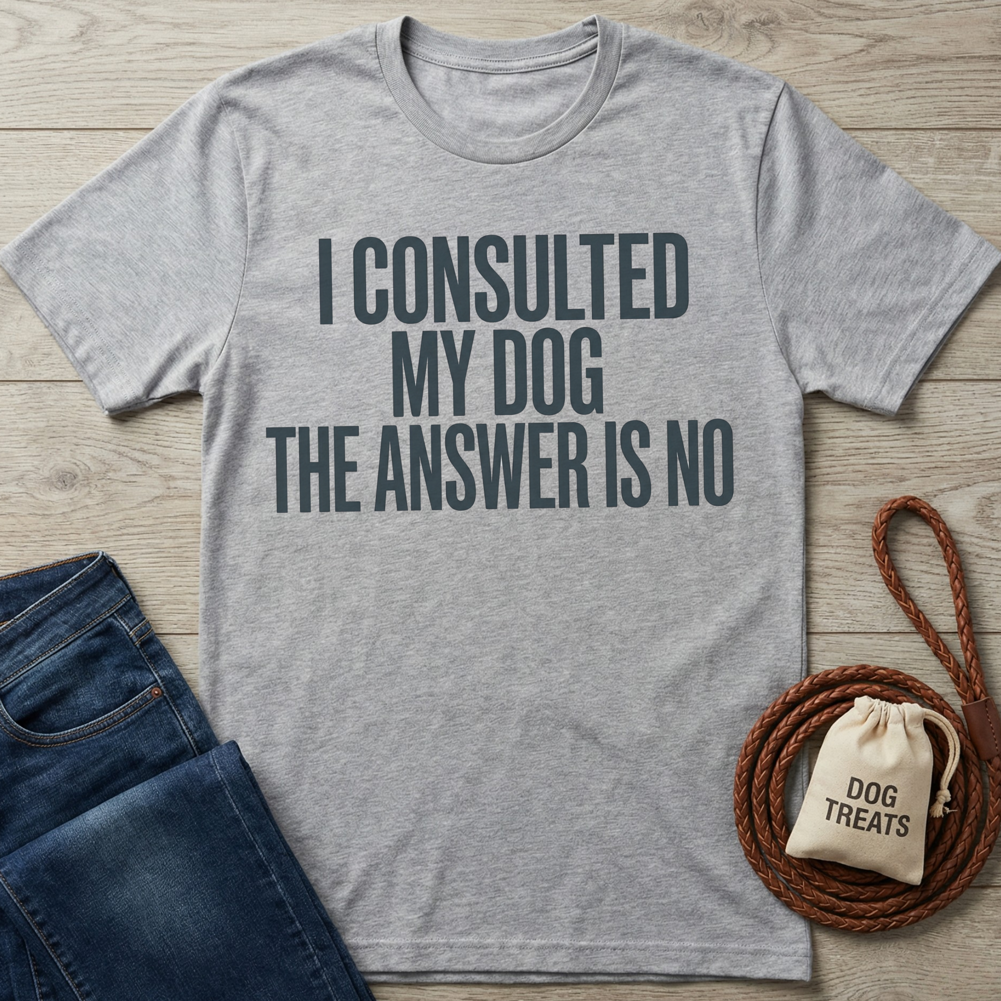 Heather grey cotton t-shirt with "I CONSULTED MY DOG THE ANSWER IS NO" text, next to jeans and dog treats.