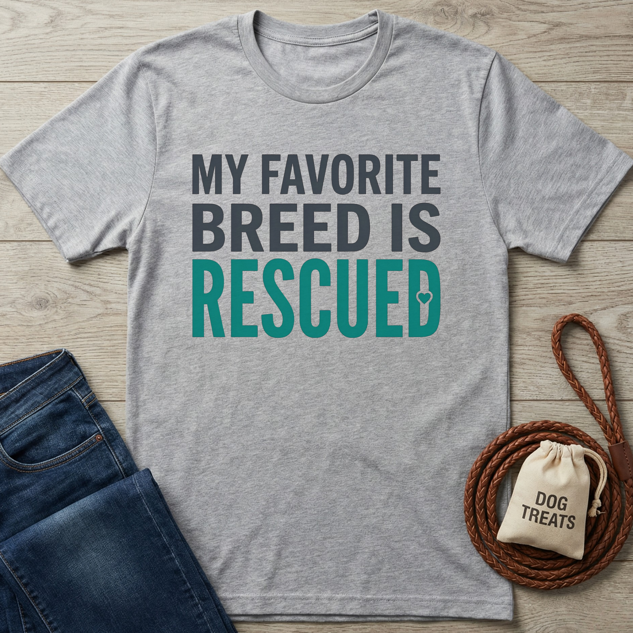 Light gray short-sleeve t-shirt with "My Favorite Breed Is Rescued" text in gray and teal.