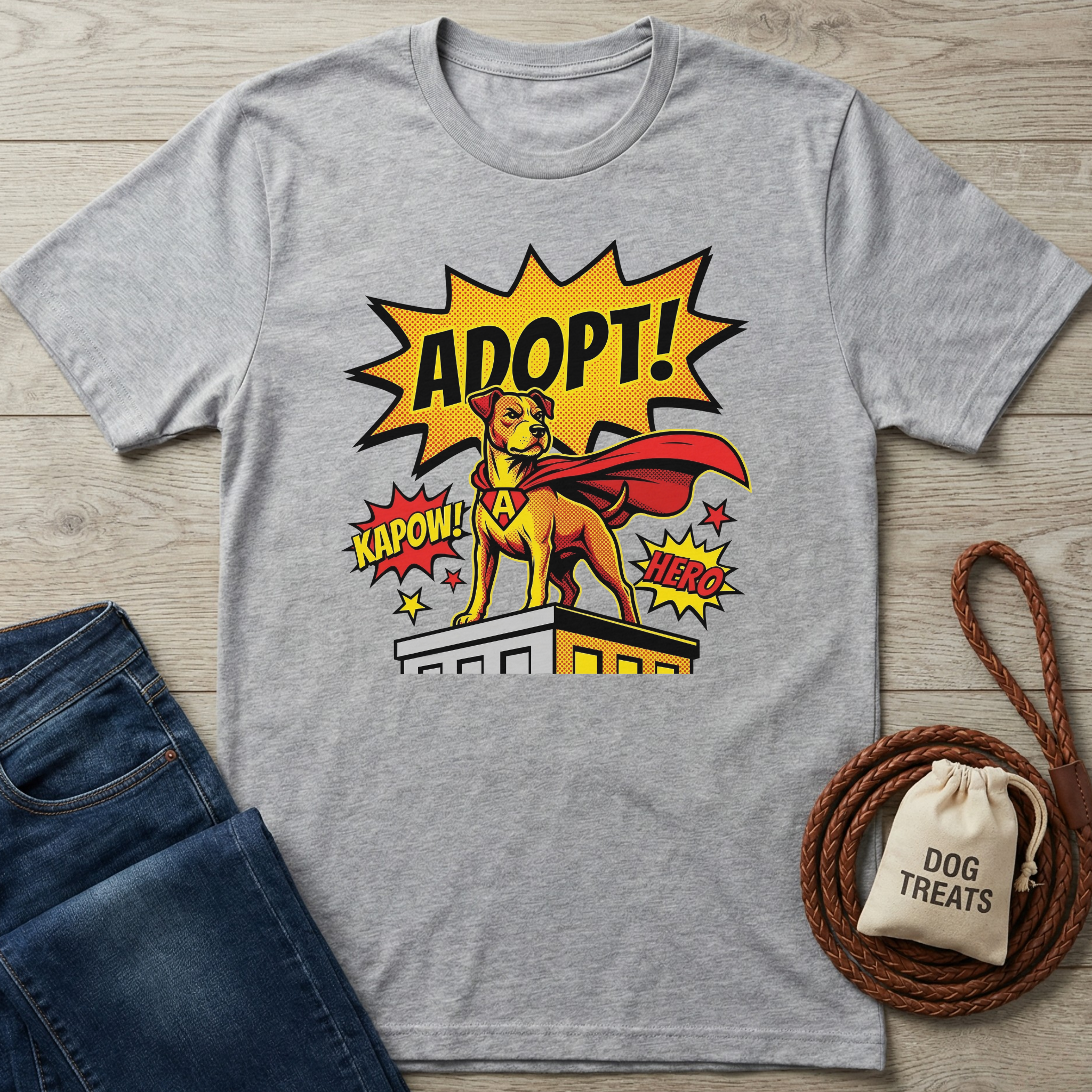 Gray Adopt Dog Comic T-Shirt with a superhero dog, red cape, and comic book text.