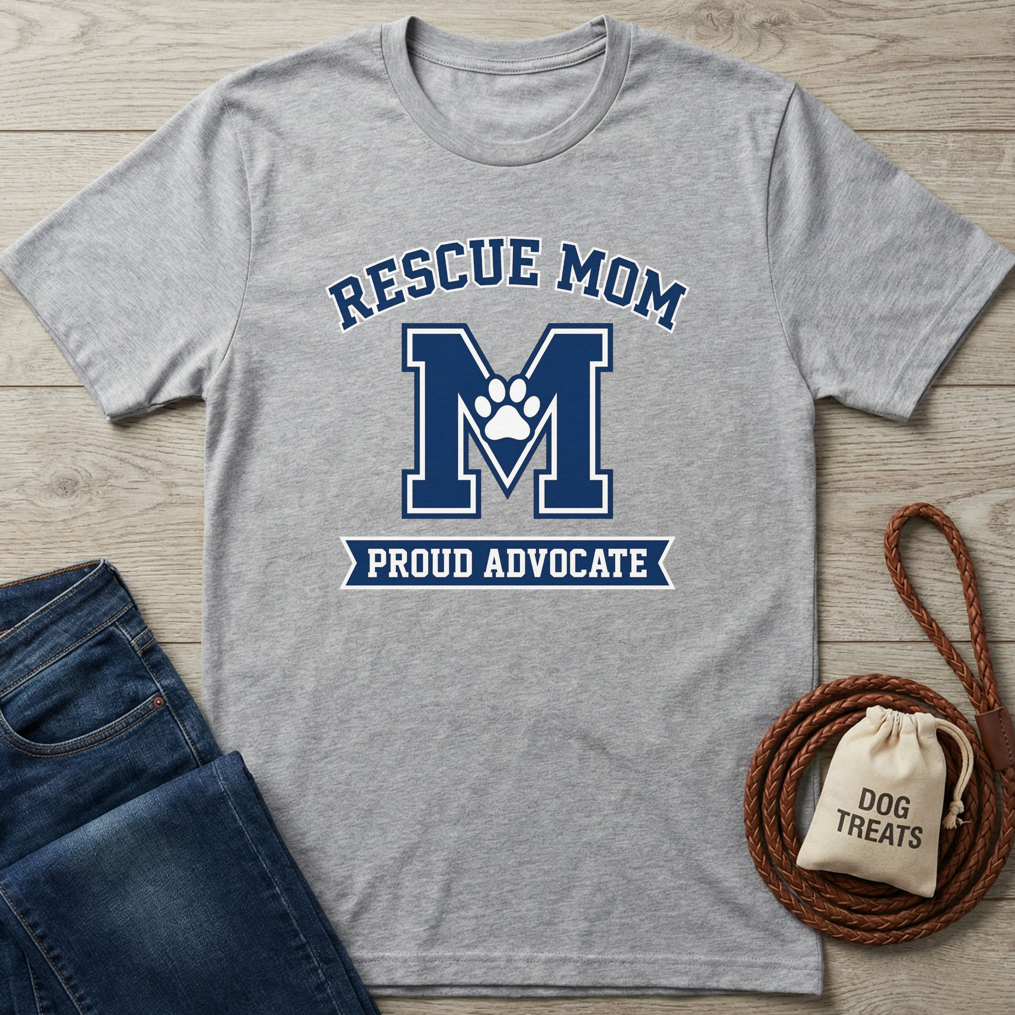 Gray short-sleeve t-shirt with "RESCUE MOM M PROUD ADVOCATE" design and paw print.