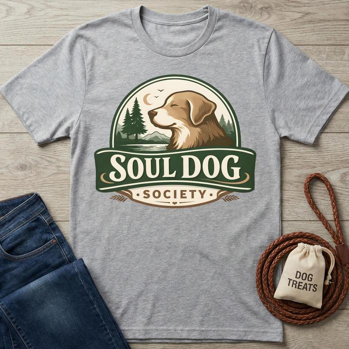 Gray cotton Soul Dog Society T-shirt with a brown dog, trees, and moon logo, next to jeans and dog treats.