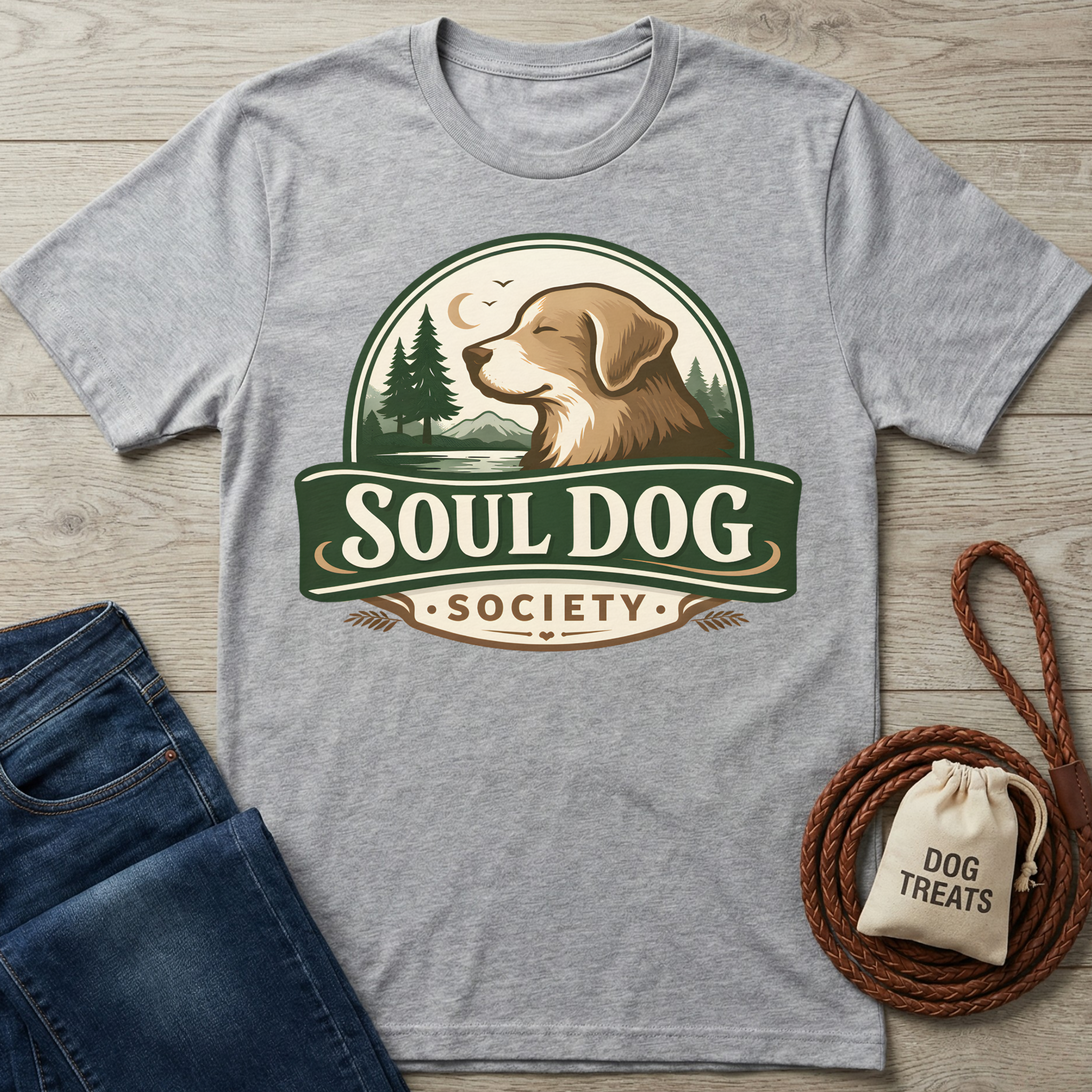 Gray cotton Soul Dog Society T-shirt with a brown dog, trees, and moon logo, next to jeans and dog treats.