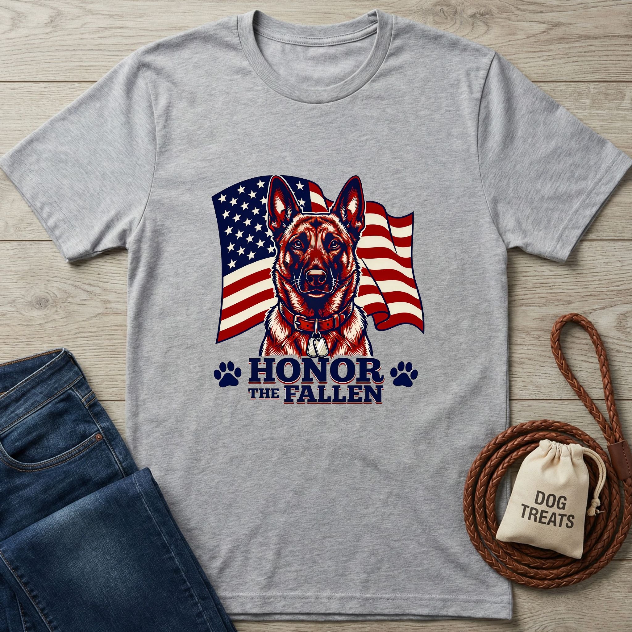 Light grey Gildan Softstyle t-shirt with a German Shepherd and American flag graphic, "Honor The Fallen" text.