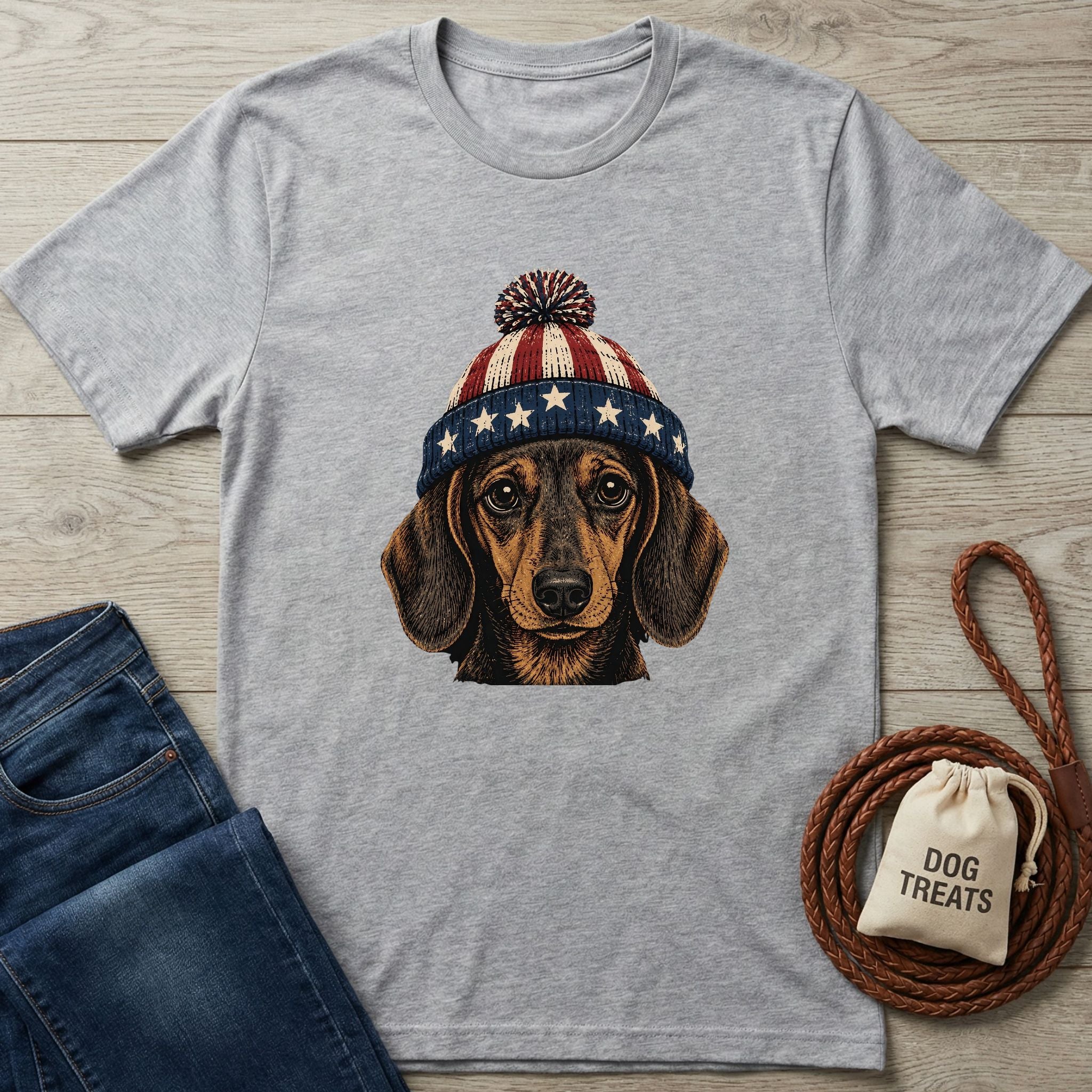 Gray t-shirt with a dachshund wearing a red, white, and blue stars and stripes pom-pom hat.