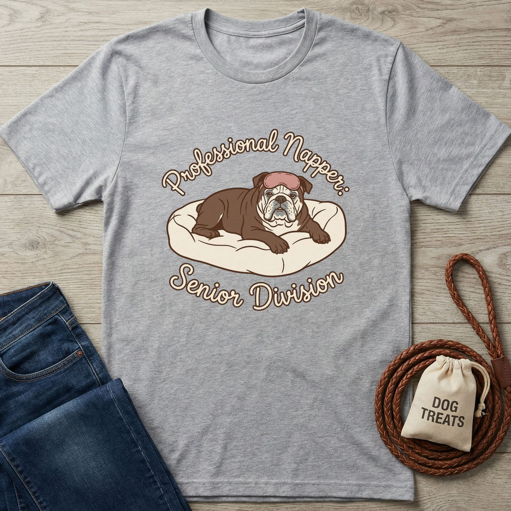 Heather grey Gildan Softstyle® t-shirt with "Professional Napper: Senior Division" text and a bulldog on a dog bed graphic.