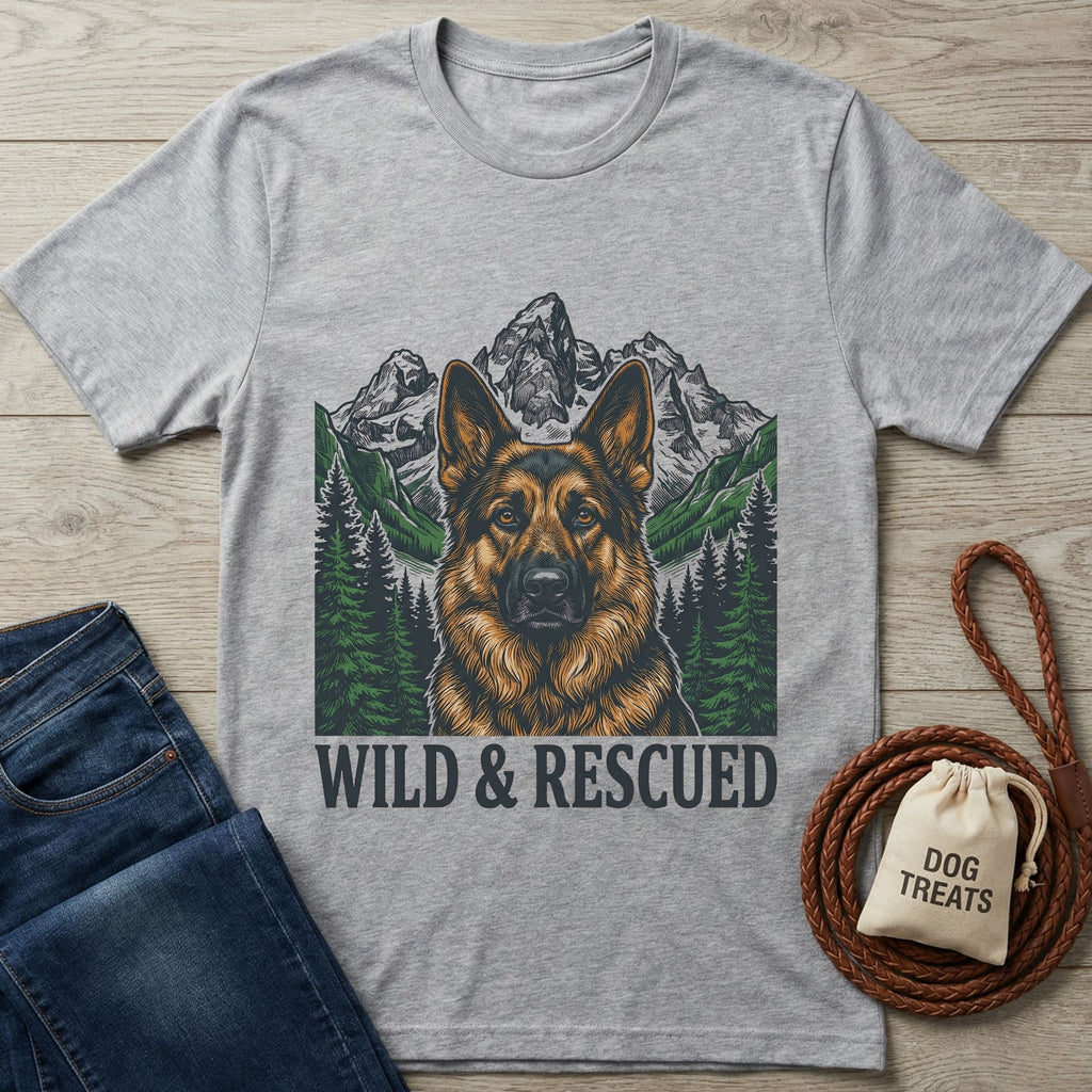 Light grey Gildan Softstyle t-shirt with a German Shepherd, mountains, and "WILD & RESCUED" text.