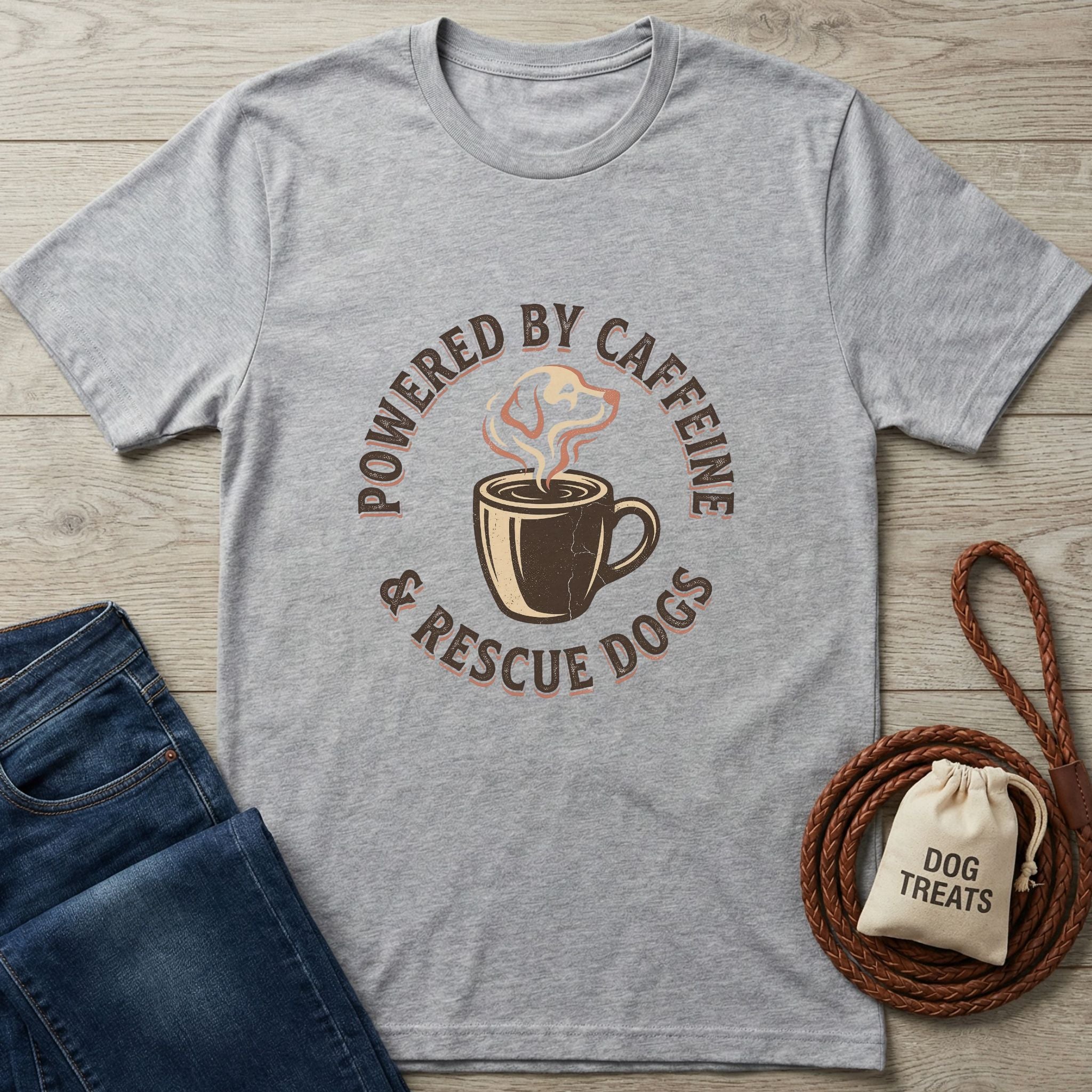 Light grey Gildan Softstyle® t-shirt with "Powered By Caffeine & Rescue Dogs" graphic, coffee cup, and dog.