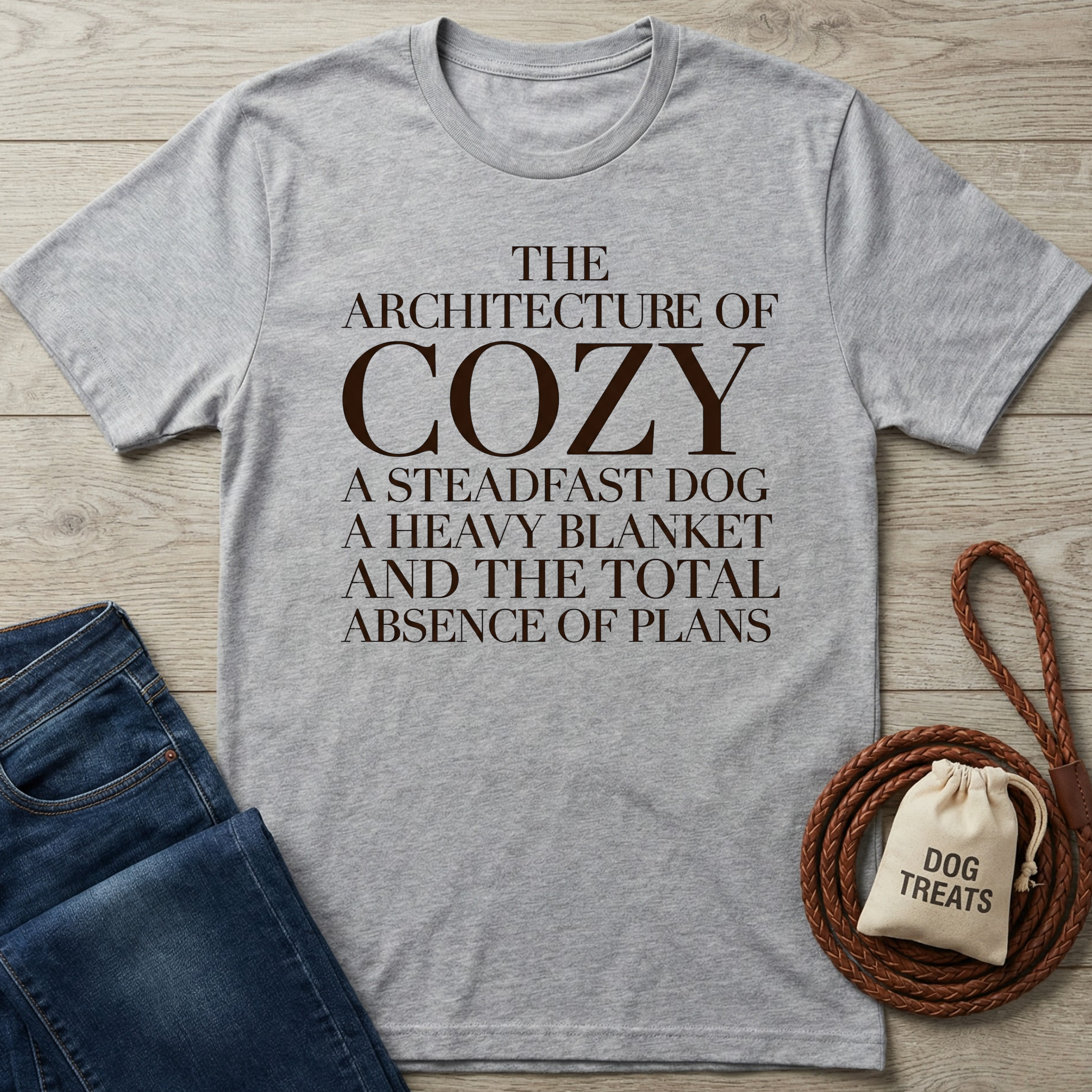 Gray cotton t-shirt with "The Architecture of Cozy" text, next to folded jeans and dog treats.