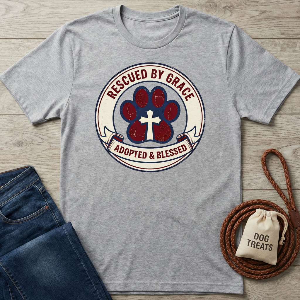 Gray cotton t-shirt with a "Rescued By Grace, Adopted & Blessed" paw print and cross design.