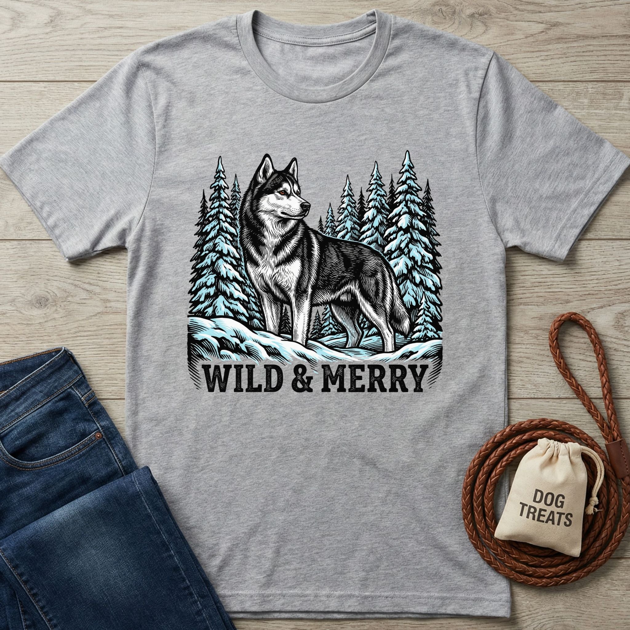 Light grey Gildan Softstyle® t-shirt with a husky, pine trees, and "WILD & MERRY" text.