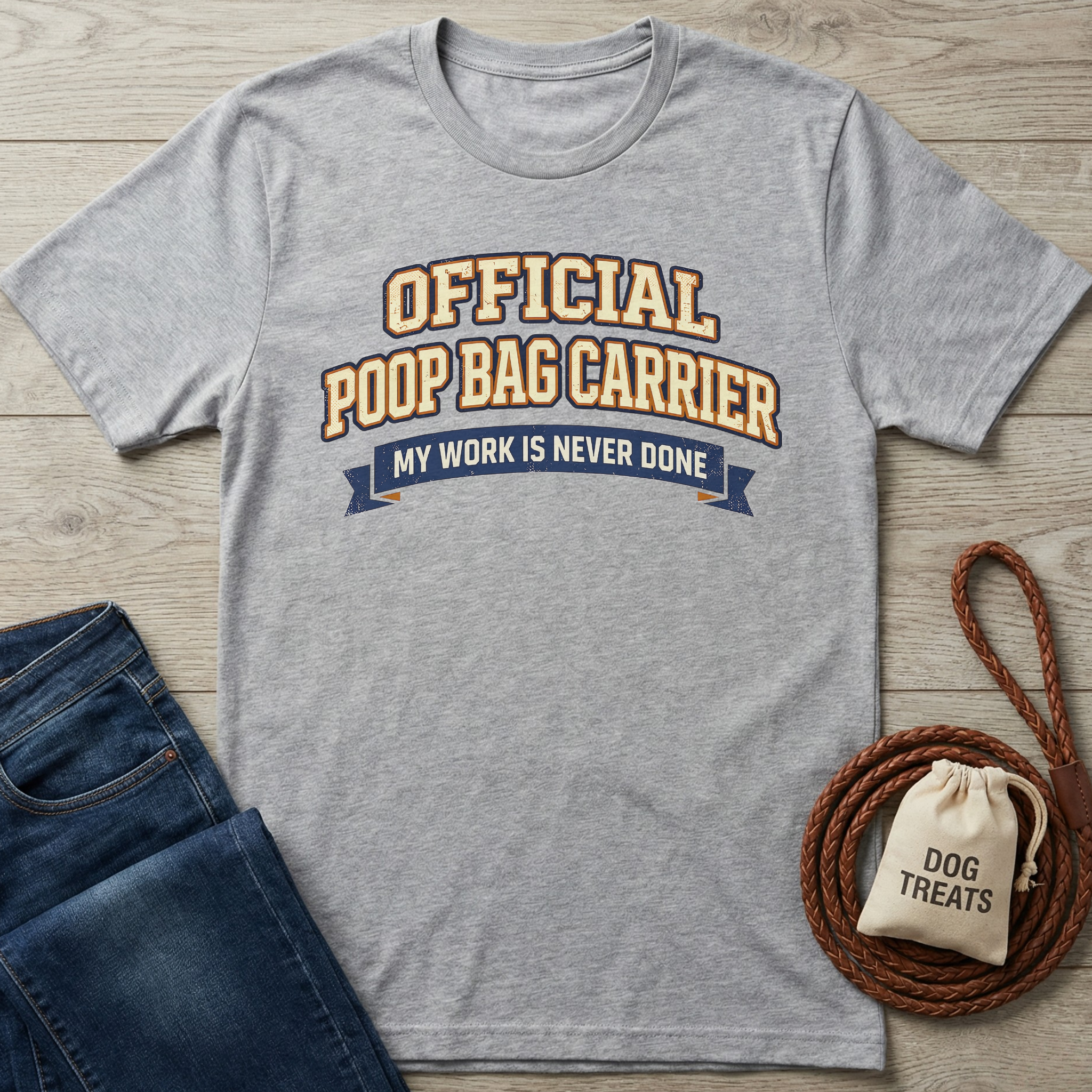 Heather gray t-shirt with "Official Poop Bag Carrier My Work Is Never Done" graphic.