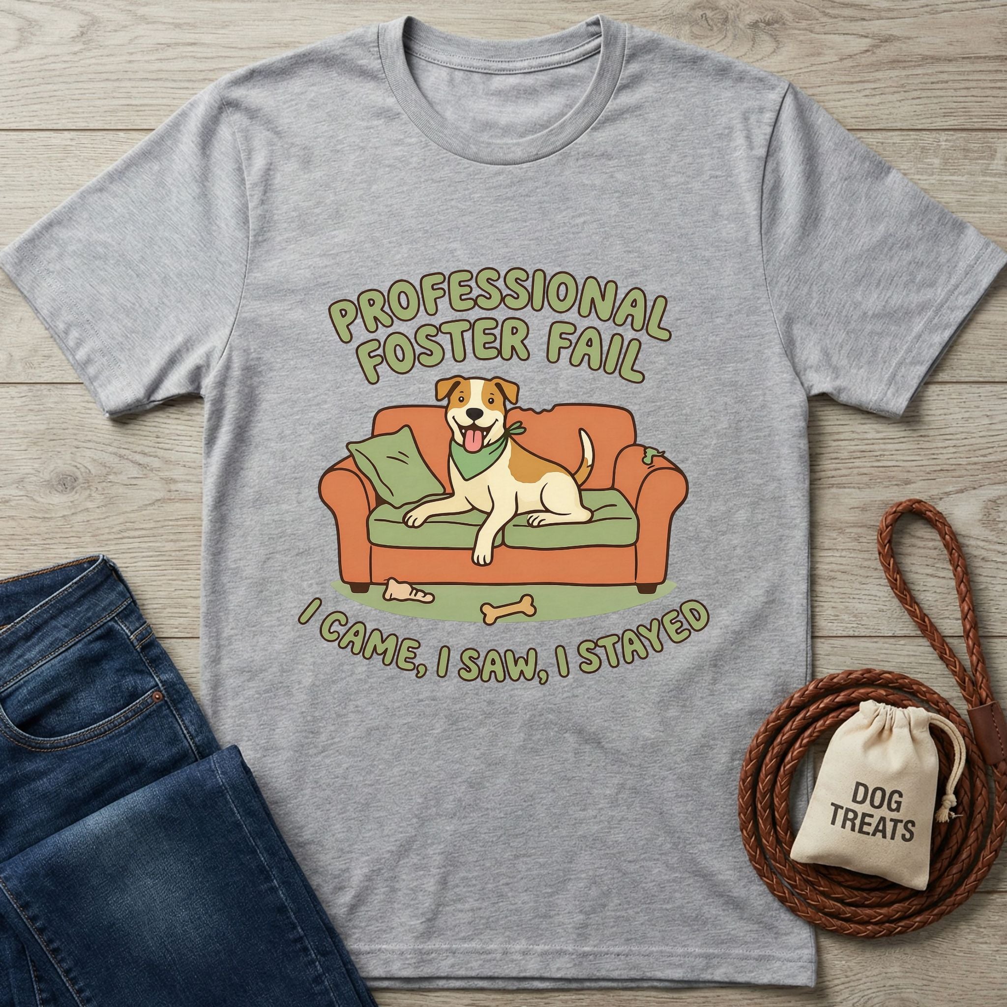 Light grey Gildan Softstyle® t-shirt with "Professional Foster Fail" dog on couch graphic.