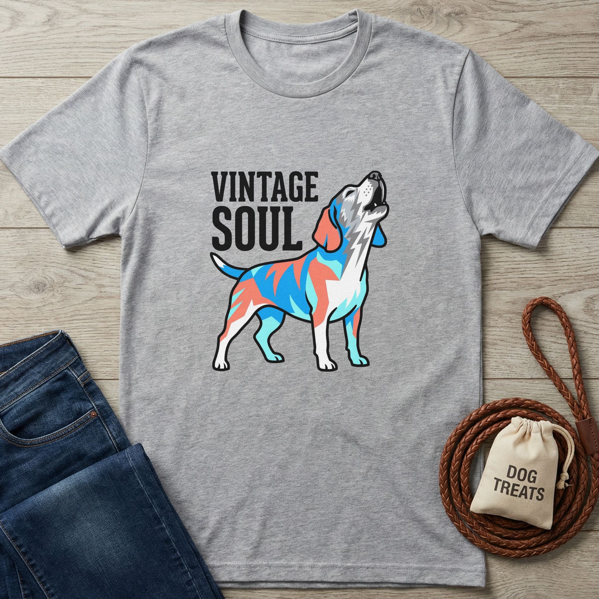 Light grey Gildan Softstyle® t-shirt with "Vintage Soul" text and a colorful howling dog graphic.