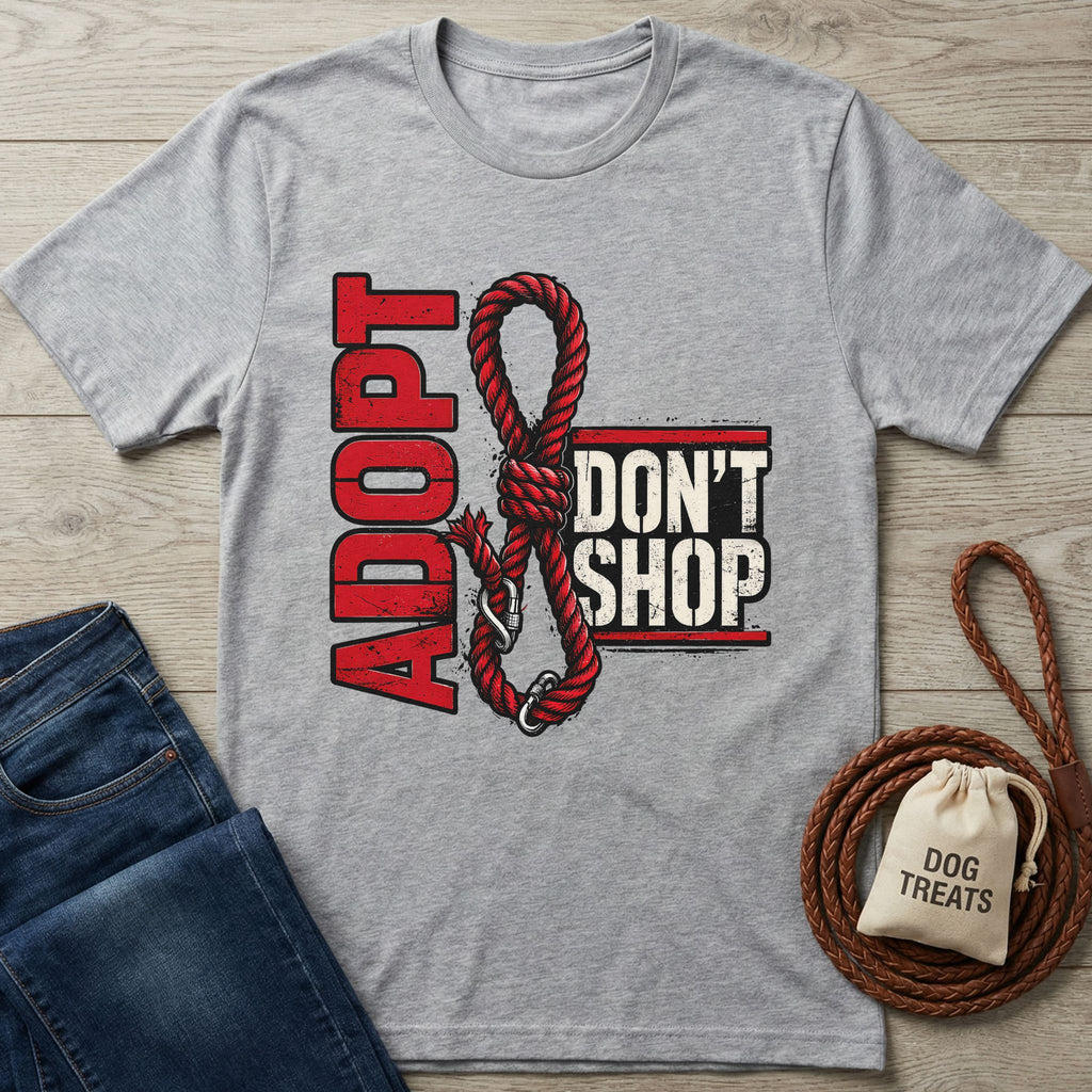 Light grey Gildan Softstyle® t-shirt with "ADOPT DON'T SHOP" design featuring a red rope.