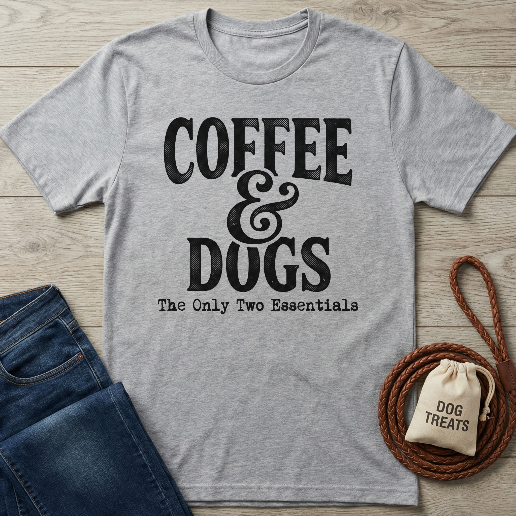 Gray short-sleeve t-shirt with "Coffee & Dogs: The Only Two Essentials" text, next to jeans and dog treats.
