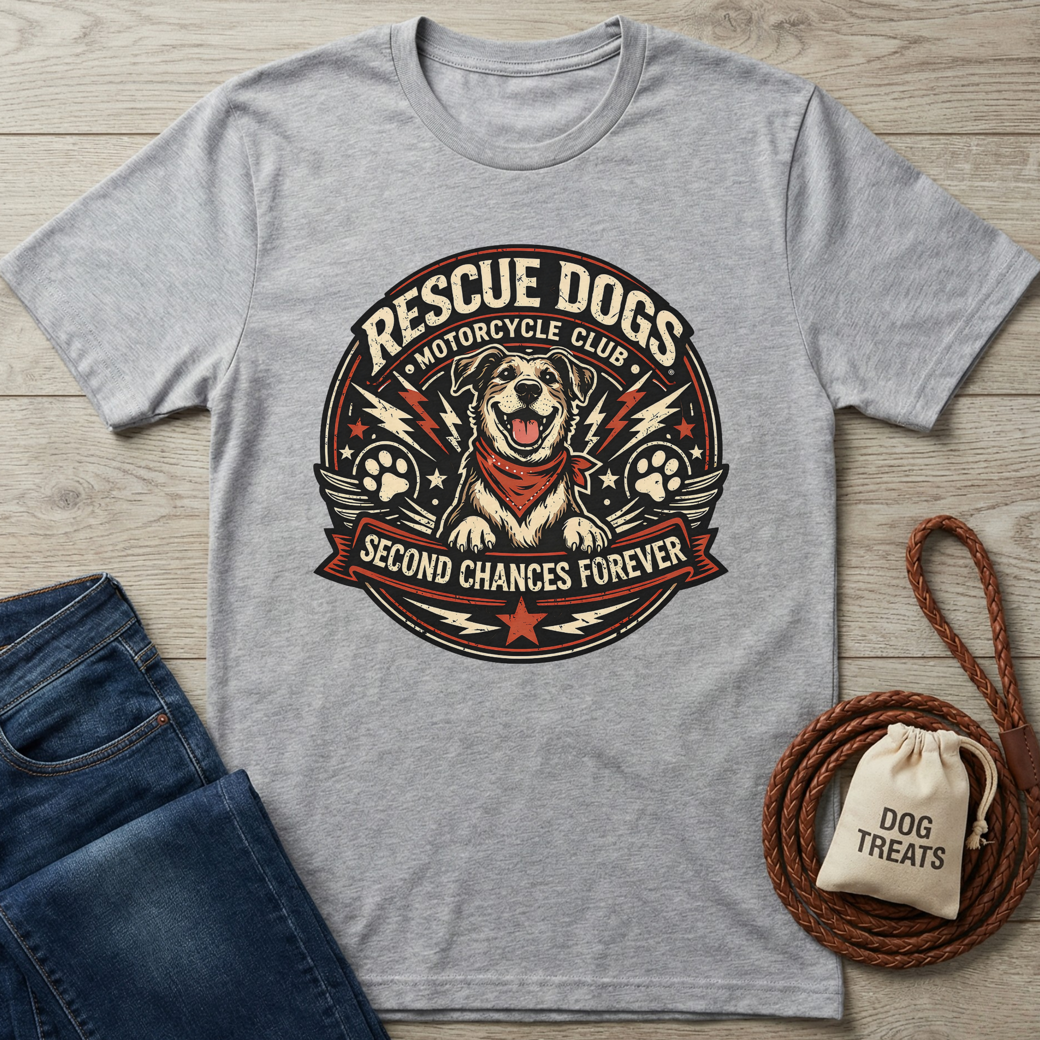Gray Rescue Dogs Motorcycle Club T-shirt with a happy dog graphic, red bandana, wings, and lightning bolts.