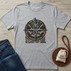 Light grey Gildan Softstyle t-shirt with a compass, mountains, trees, and a terrier dog graphic.