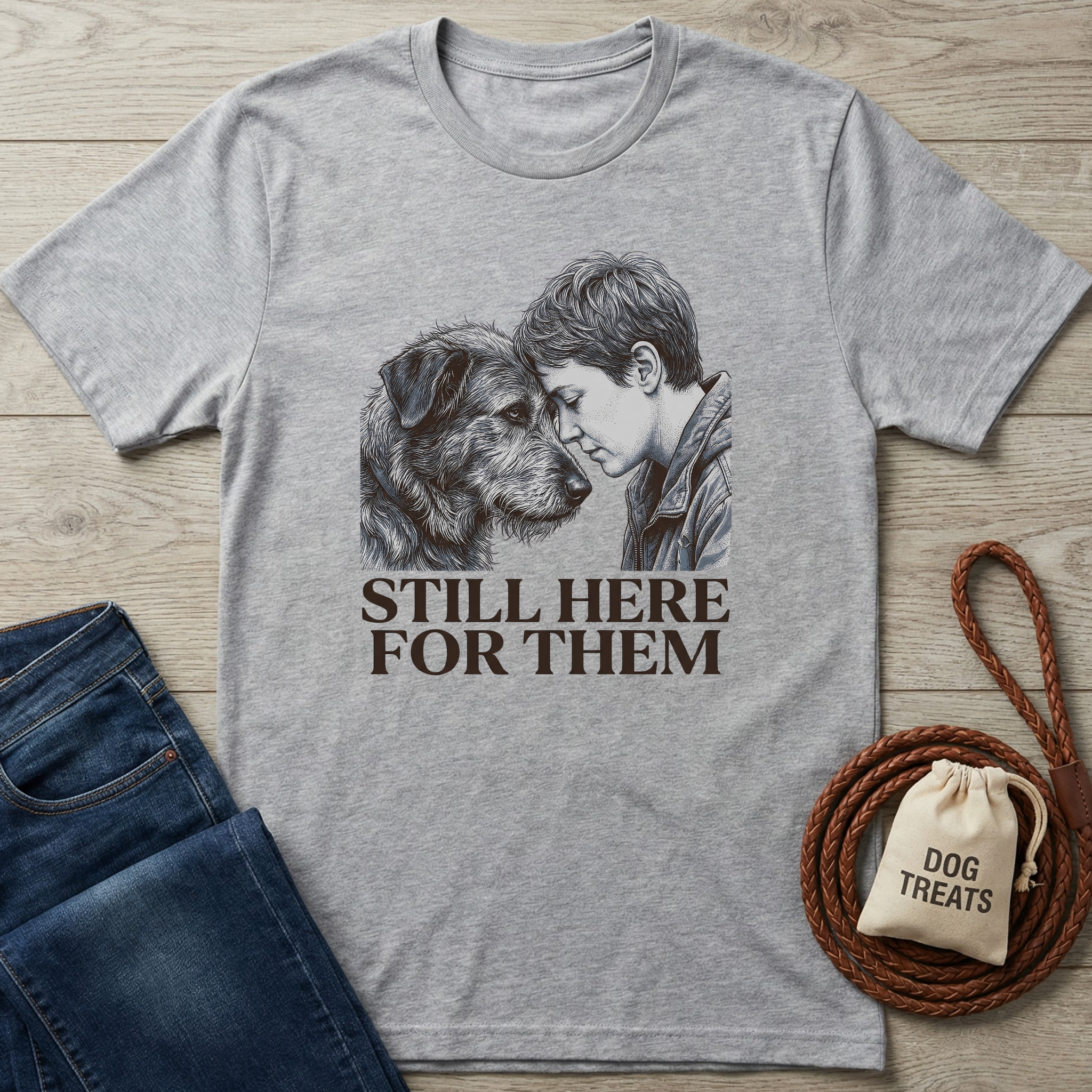 Gray short-sleeve t-shirt with a boy and dog illustration and "STILL HERE FOR THEM" text.
