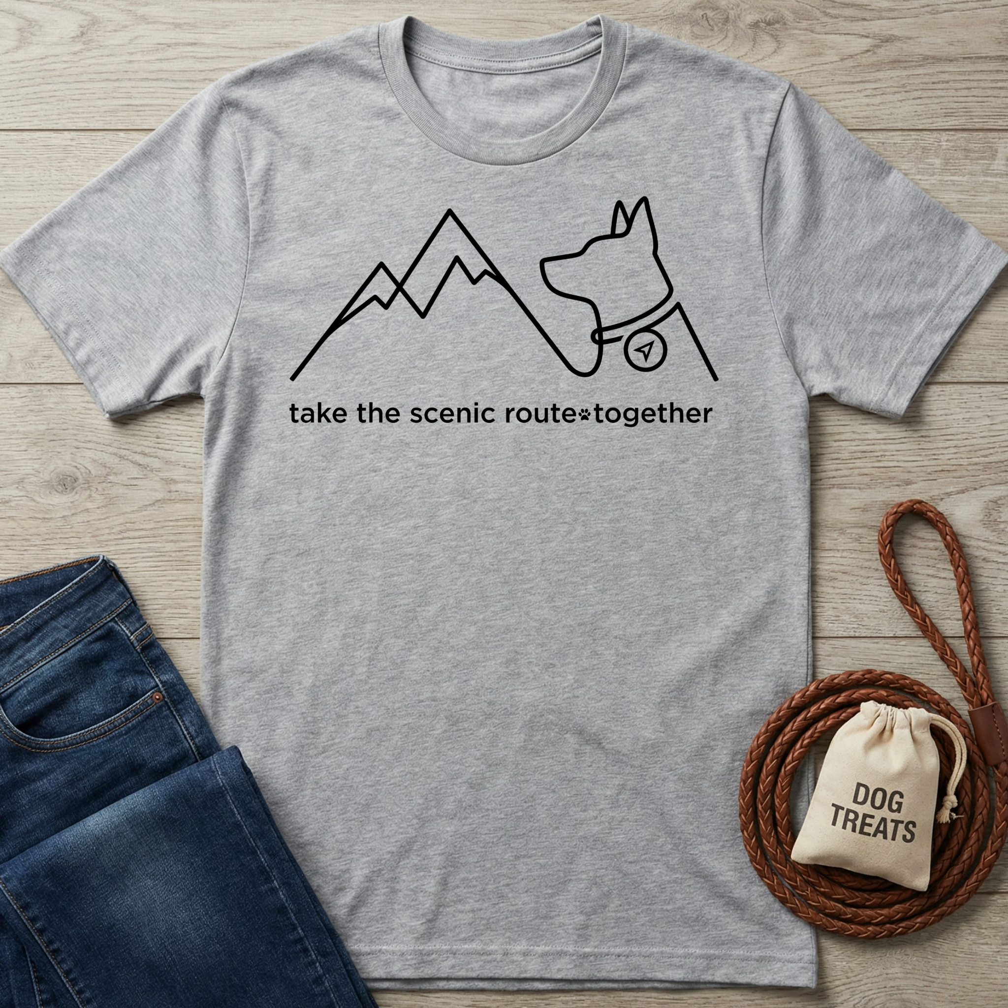 Heather grey cotton t-shirt with "take the scenic route together" text, mountain, and dog outline graphic.