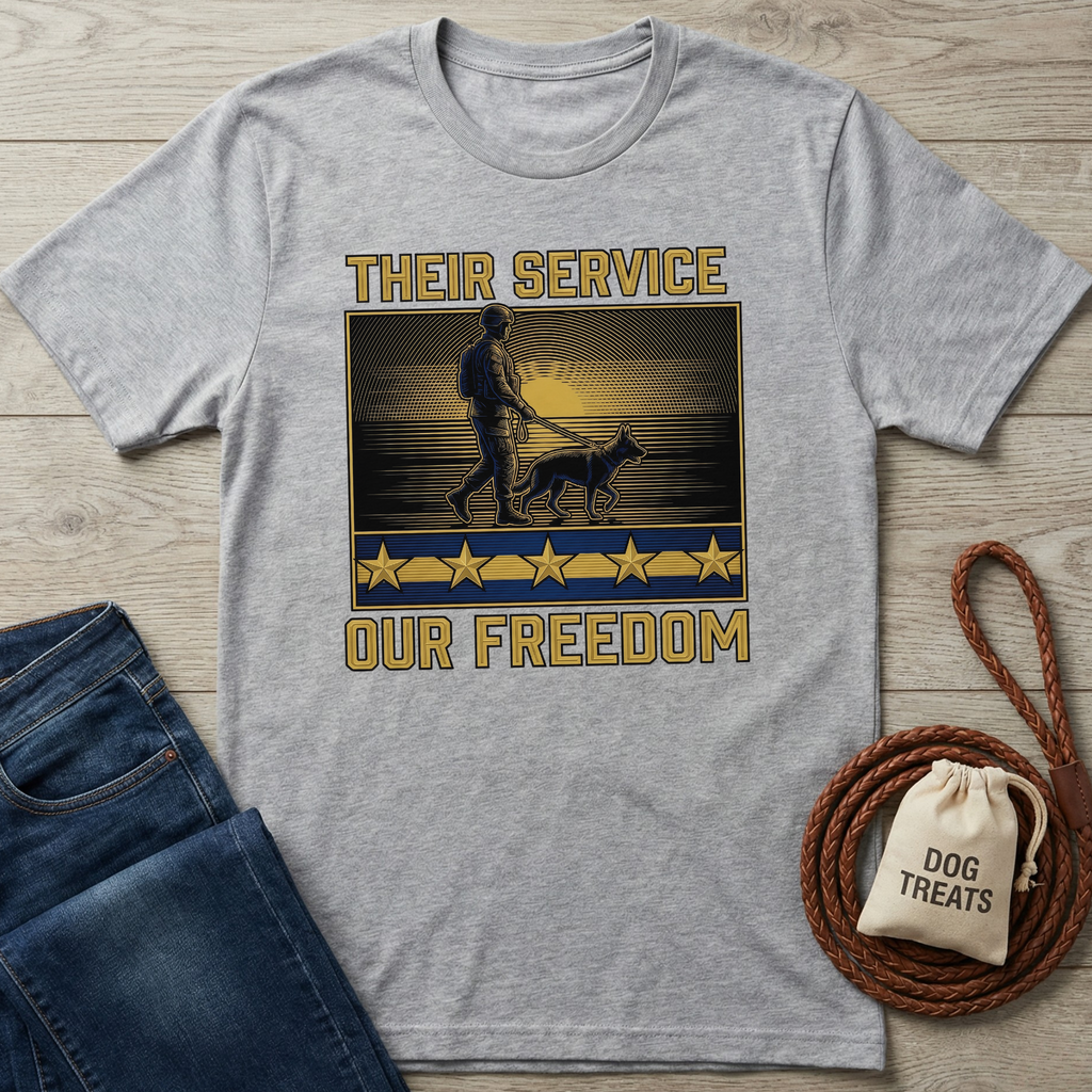 Gray "Their Service Our Freedom" t-shirt with a soldier and dog graphic, displayed on wood with jeans and dog treats.