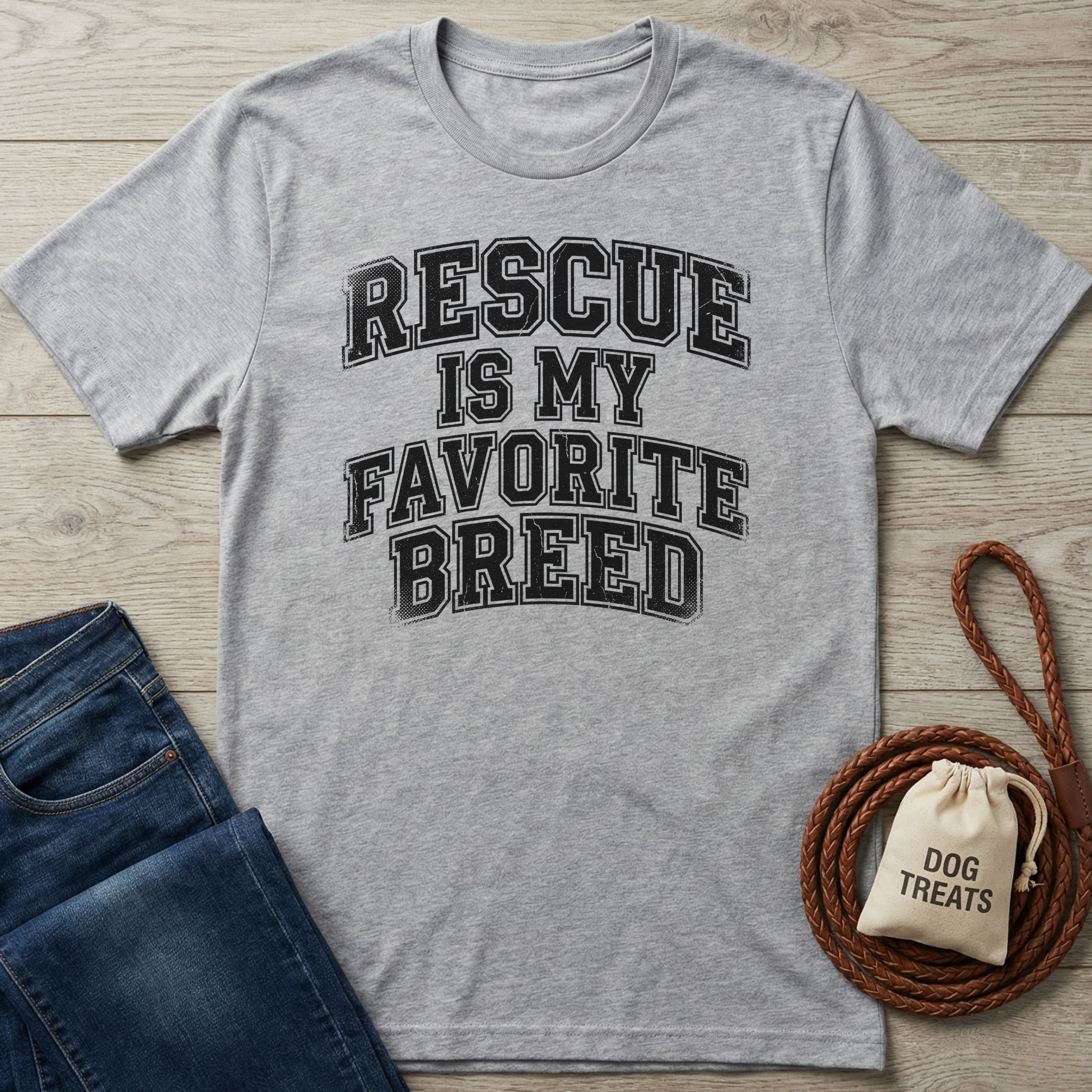 Heather gray cotton t-shirt with "RESCUE IS MY FAVORITE BREED" in distressed black text.