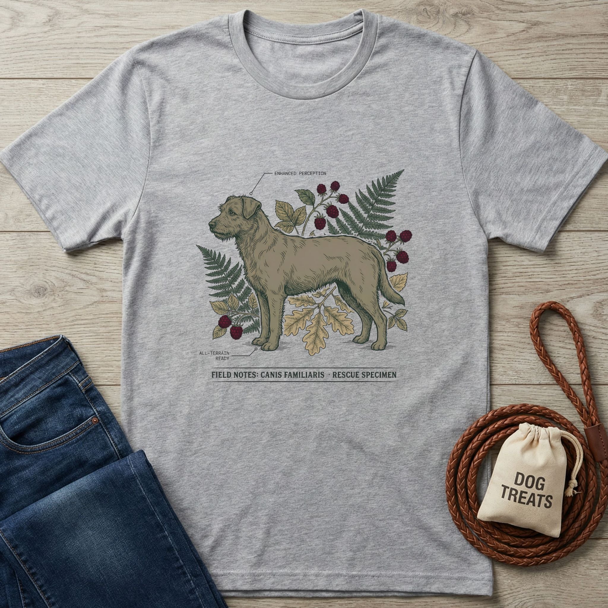 Light grey Gildan Softstyle t-shirt with a "Rescue Specimen" dog illustration, fern, and oak leaves.