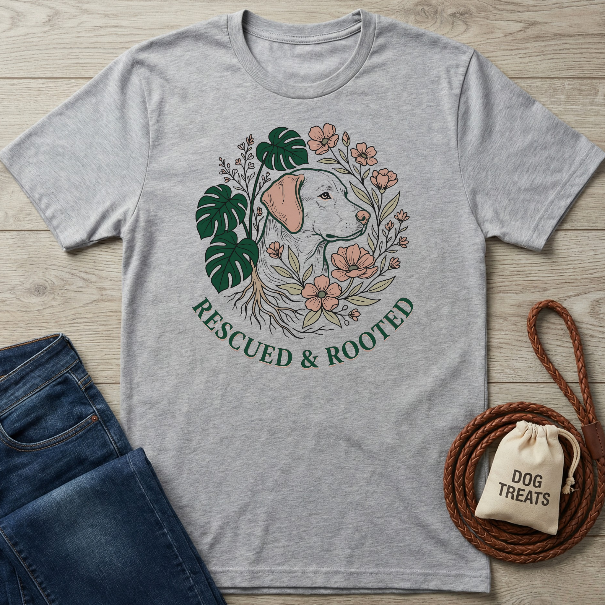 Heather grey cotton t-shirt with a "Rescued & Rooted" graphic featuring a dog, monstera leaves, and pink flowers.
