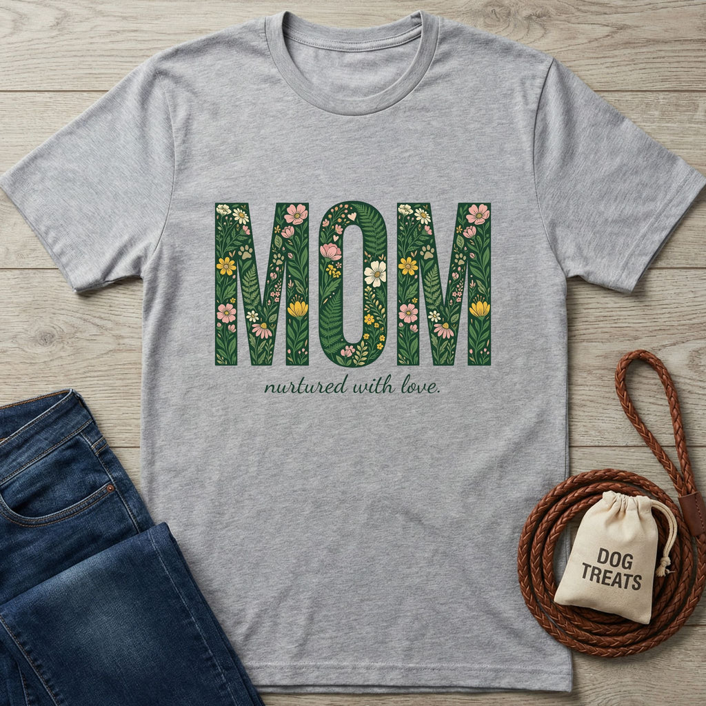 Light grey Gildan Softstyle® t-shirt with "MOM nurtured with love" in floral green text.