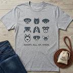 Light grey Gildan Softstyle® t-shirt with nine dark grey dog breed icons and "ADOPT. ALL. OF. THEM." text.