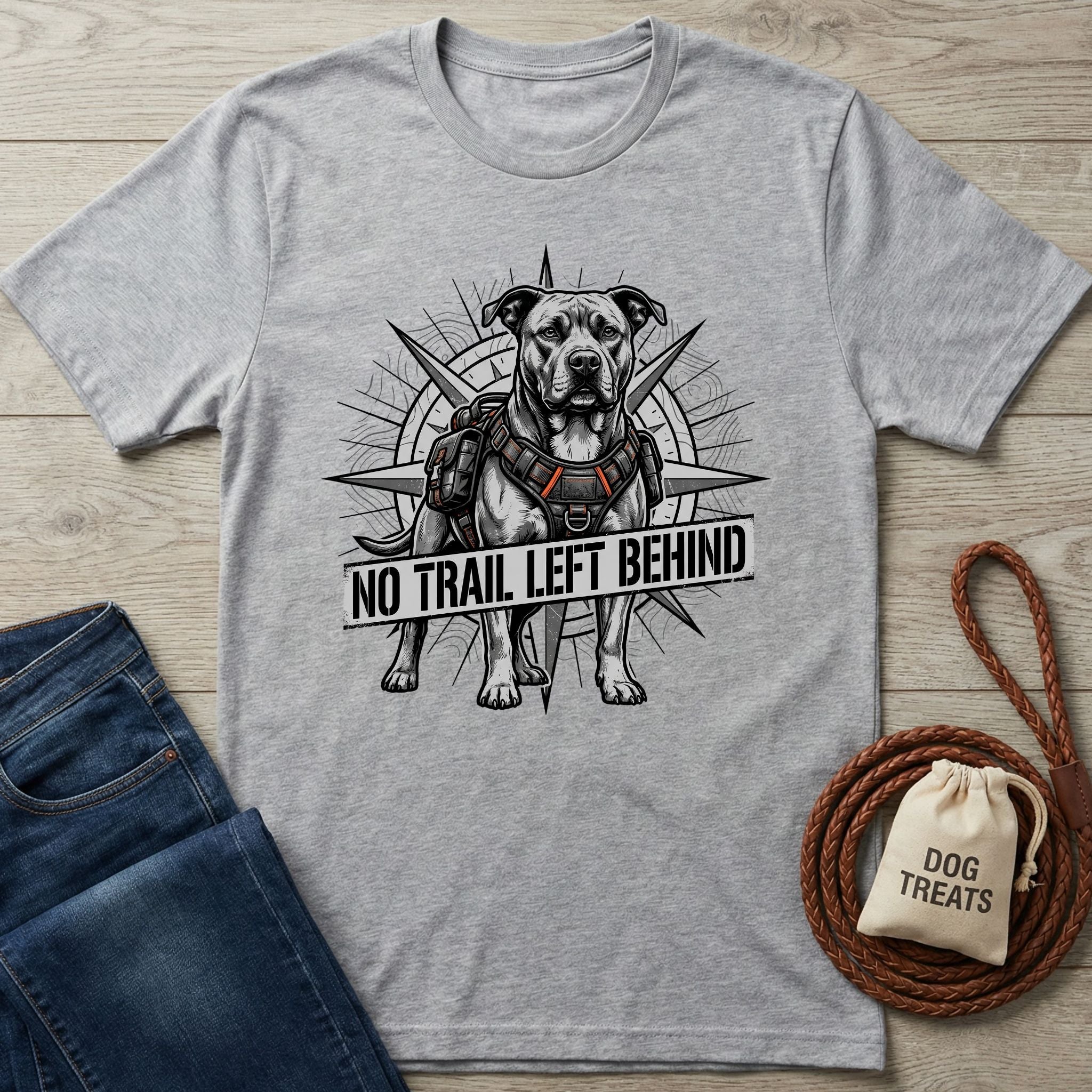 Light grey Gildan Softstyle® t-shirt with a graphic of a rescue dog wearing a harness and "NO TRAIL LEFT BEHIND" text.