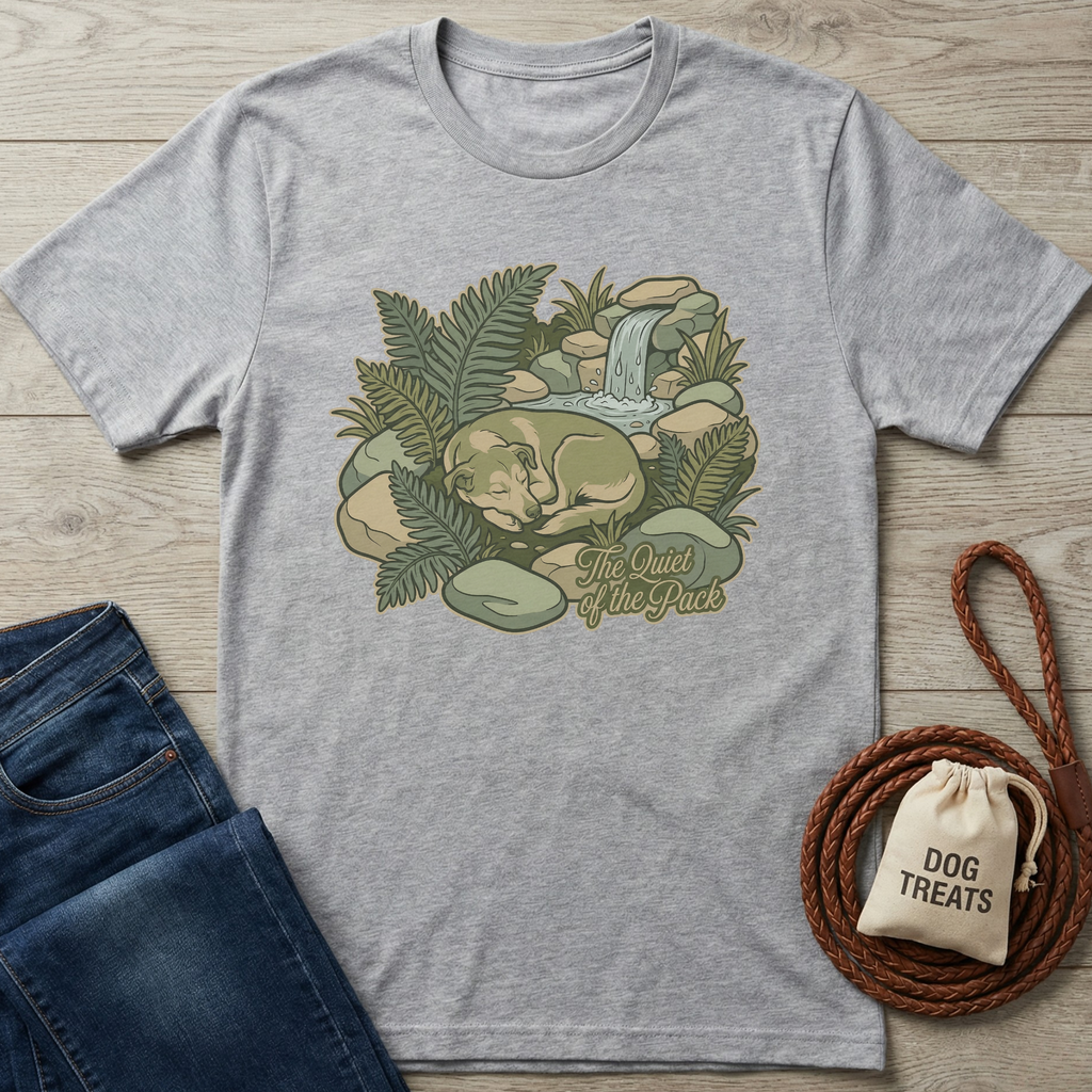 Heather gray t-shirt with a sleeping dog by a waterfall and ferns, "The Quiet of the Pack" text.