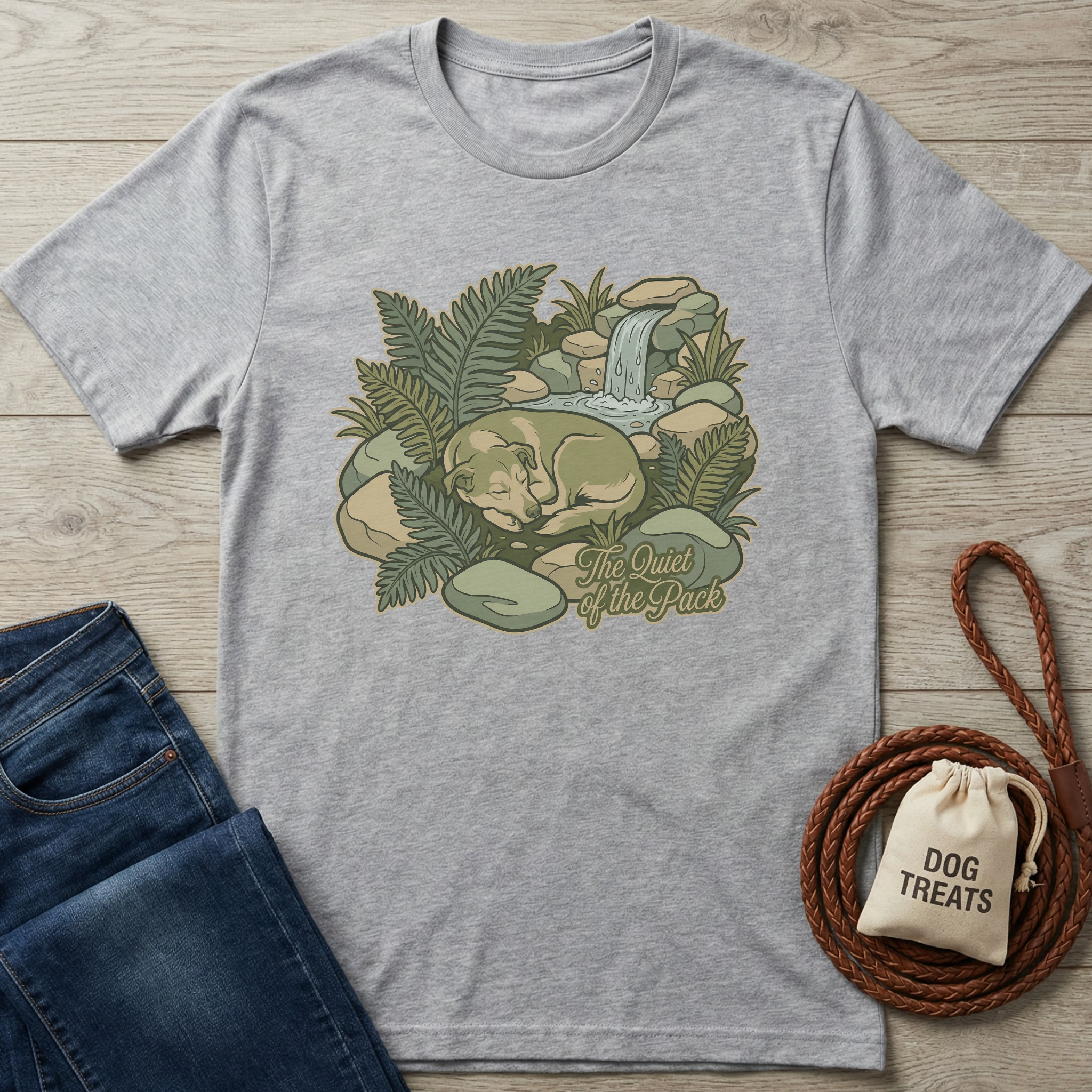 Heather gray t-shirt with a sleeping dog by a waterfall and ferns, "The Quiet of the Pack" text.