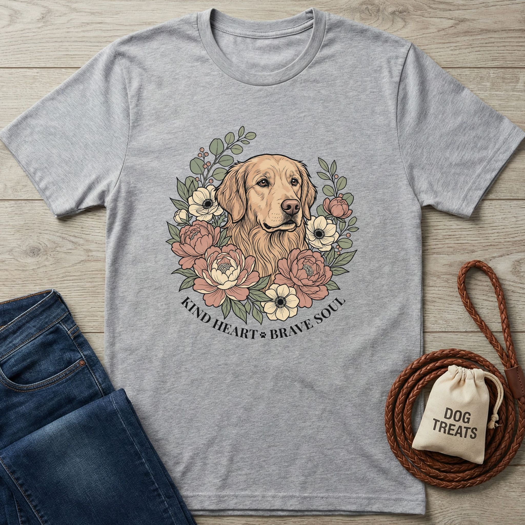 Heather grey Gildan Softstyle t-shirt with a golden retriever and floral "Kind Heart Brave Soul" graphic.