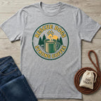 Heather grey cotton t-shirt with "Rescue Dogs Strong Coffee" graphic, featuring a paw print, coffee mug, and trees.
