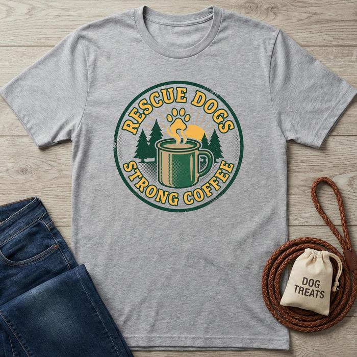Heather grey cotton t-shirt with "Rescue Dogs Strong Coffee" graphic, featuring a paw print, coffee mug, and trees.