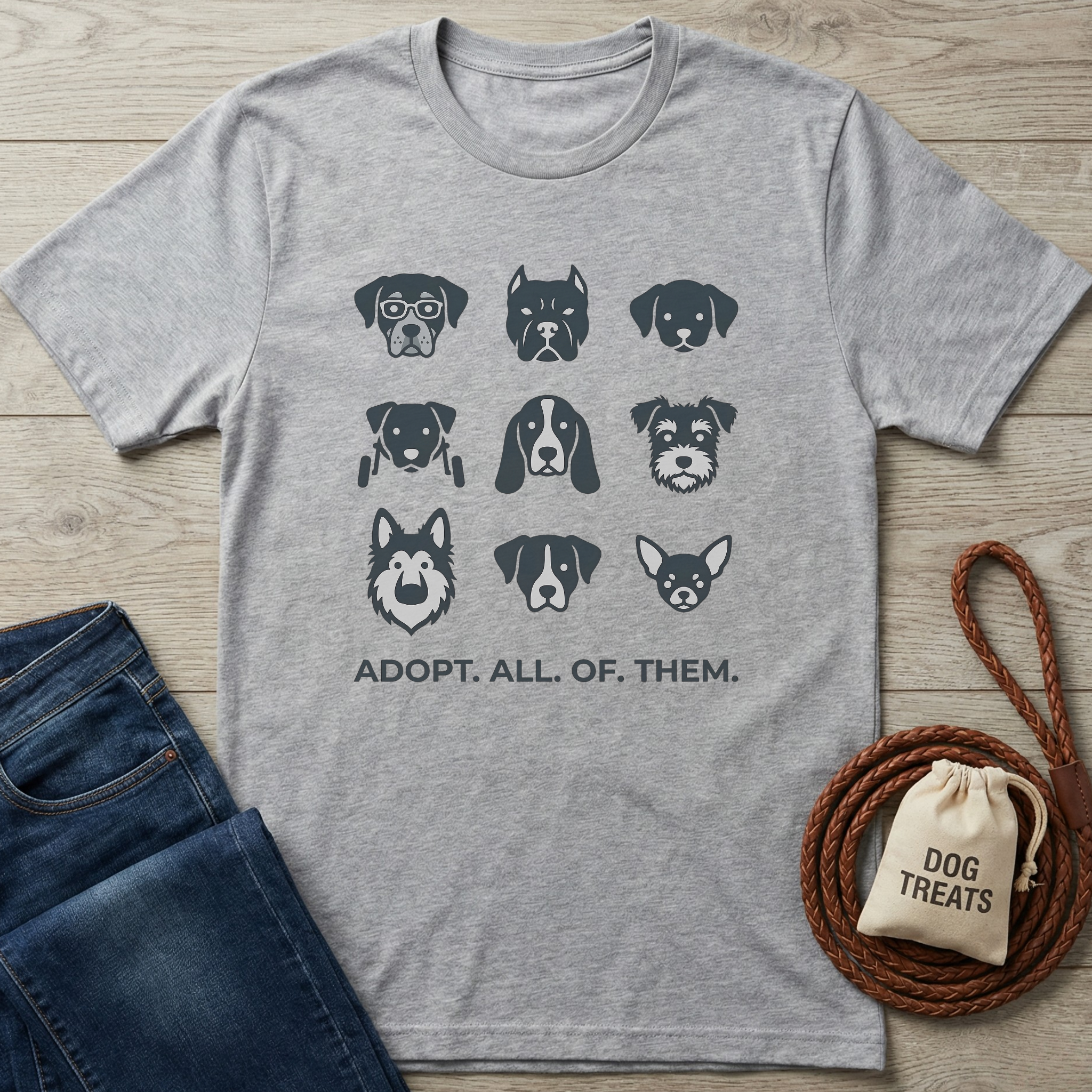 Gray cotton t-shirt with nine dog breed silhouettes and "ADOPT. ALL. OF. THEM." text.