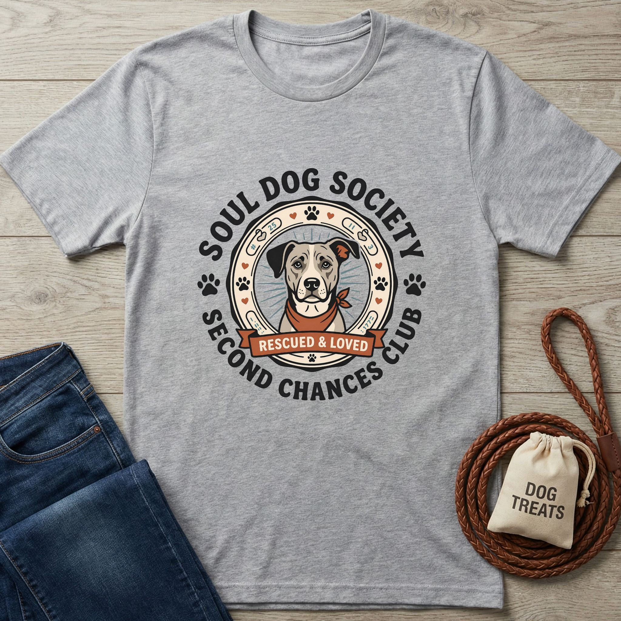 Light grey Gildan Softstyle® t-shirt with a "Soul Dog Society Second Chances Club" graphic featuring a rescue dog.